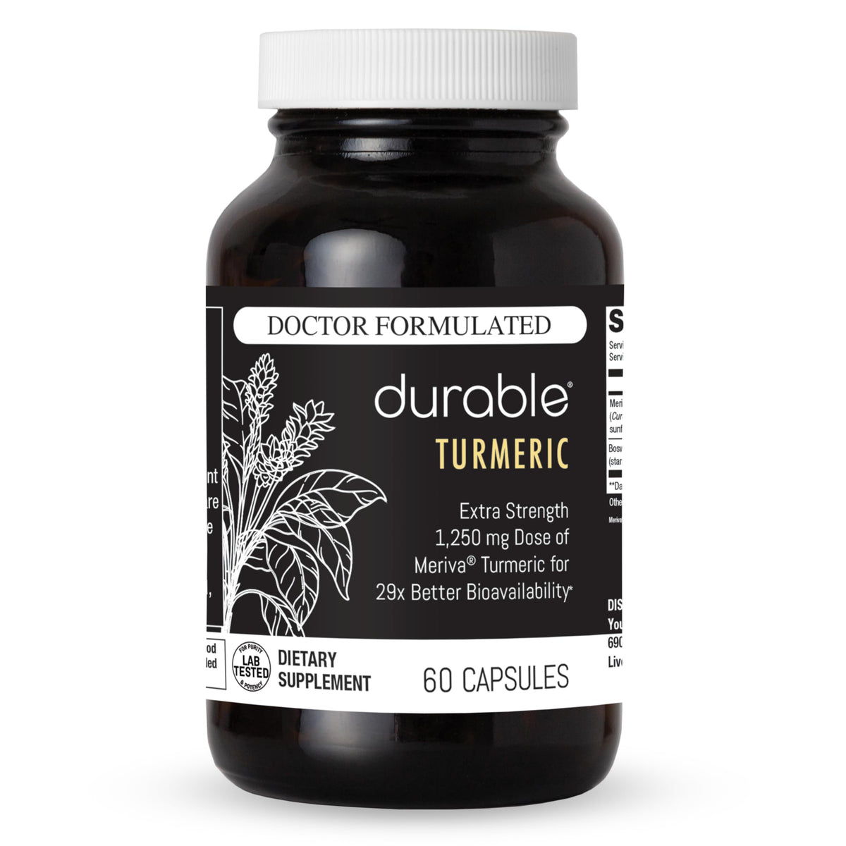 Durable Turmeric Supplement bottle front view with Meriva Curcumin