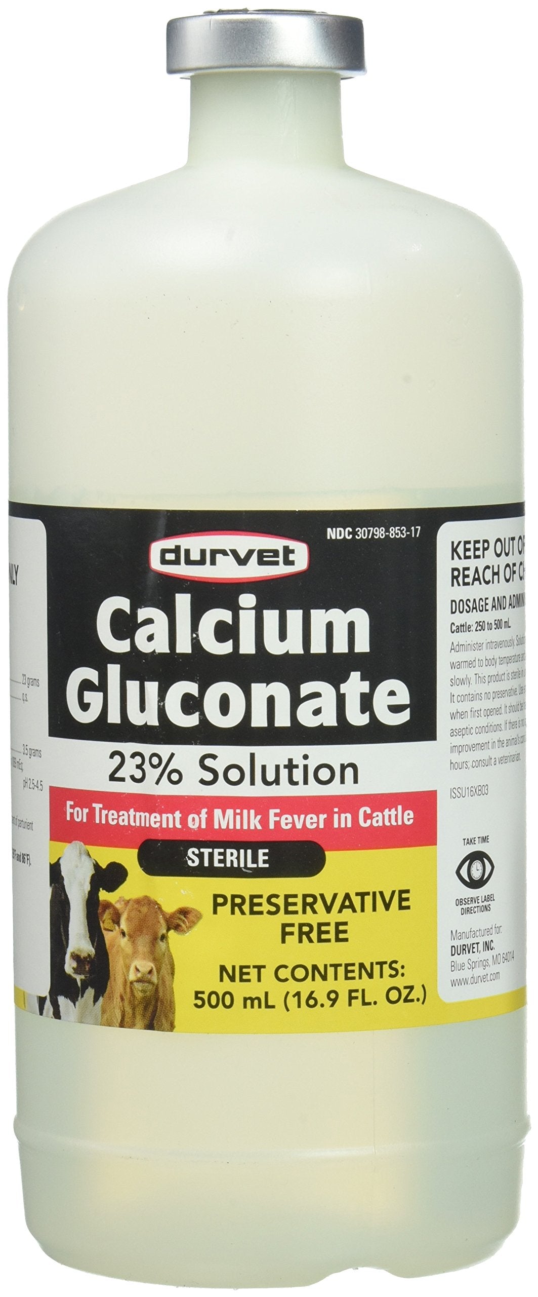 Durvet Calcium Gluconate 23% Solution bottle front view, 500ML