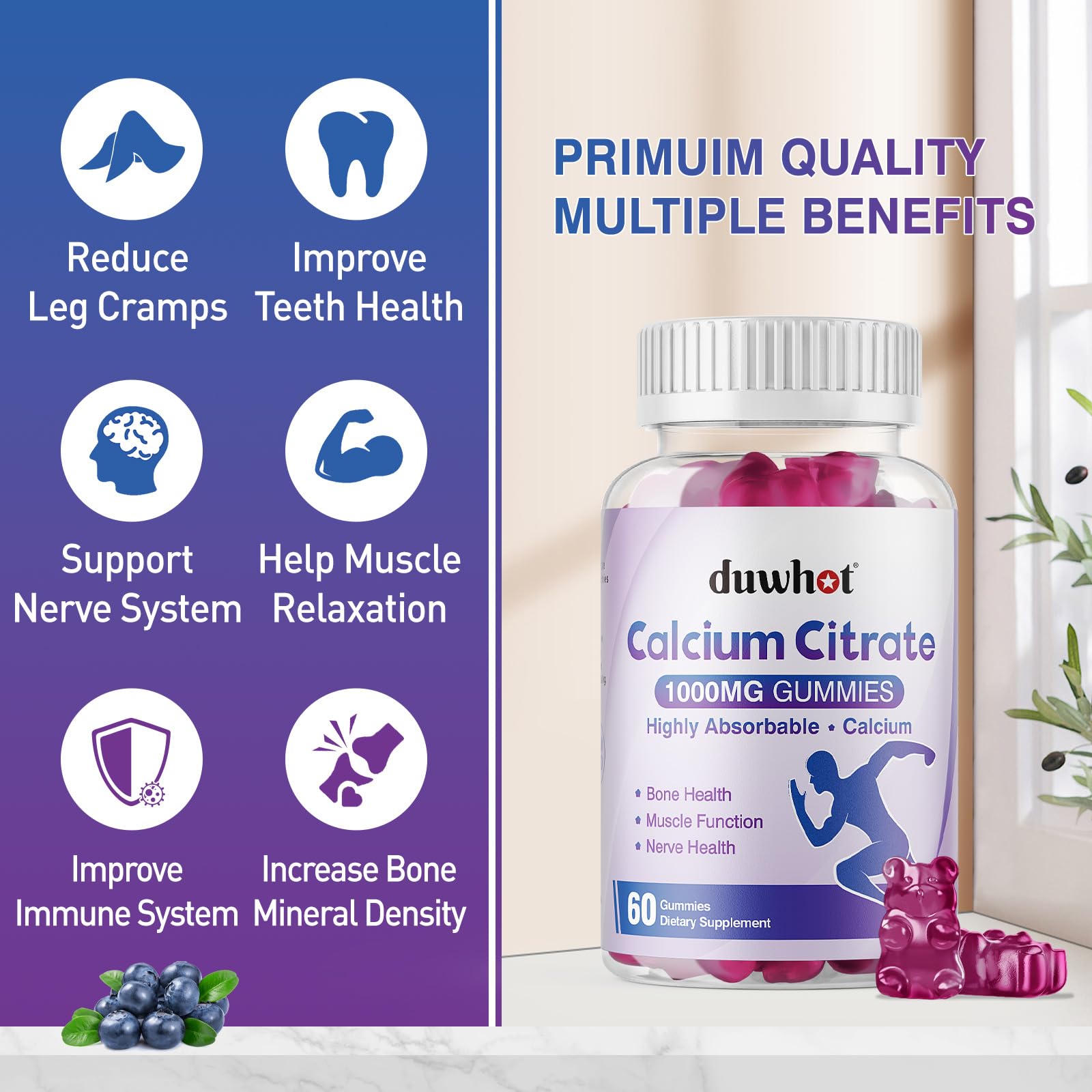 duwhot Calcium Citrate Gummies 1000mg displayed with fresh blueberries