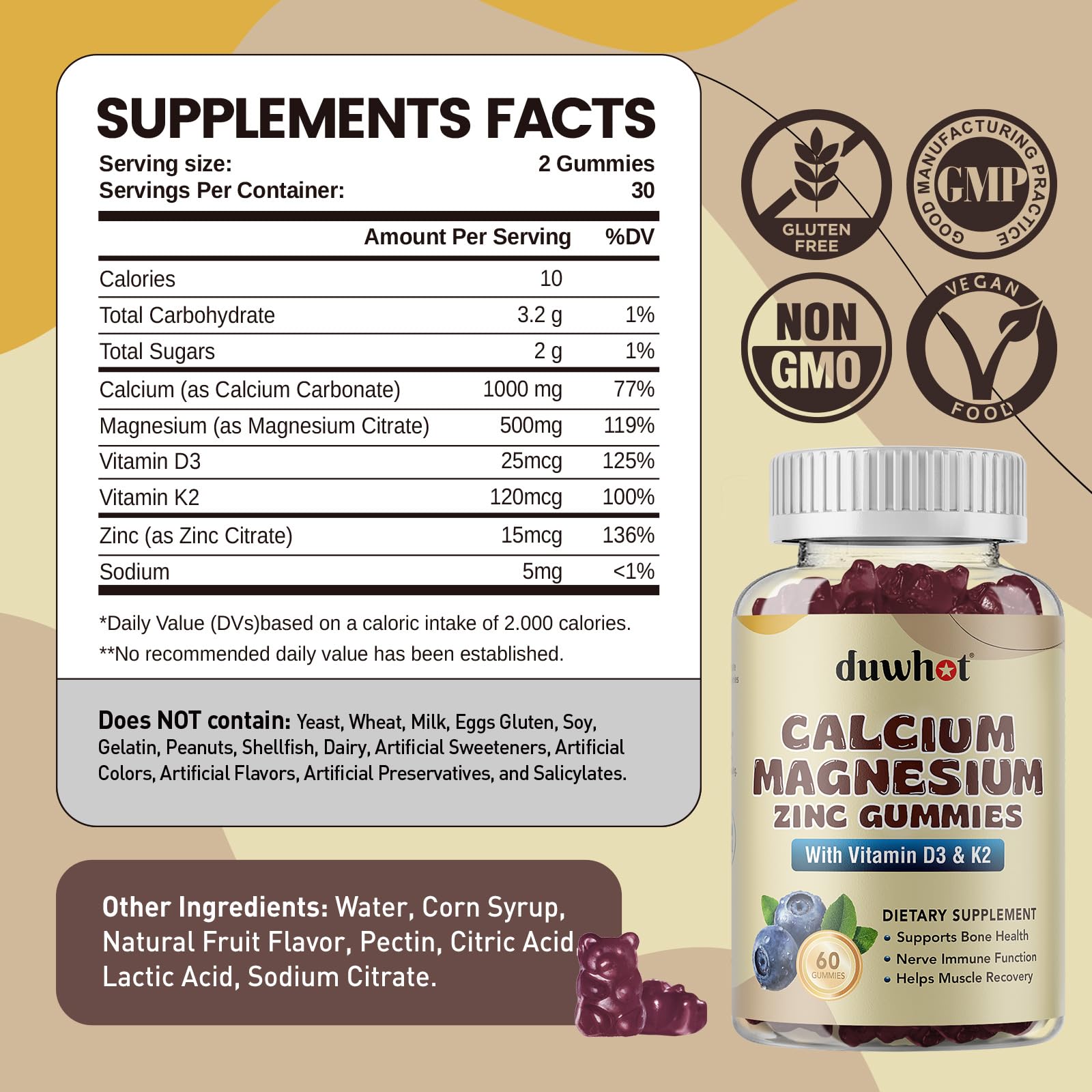 duwhot Calcium Magnesium Zinc Gummies bottle with 60 gummies