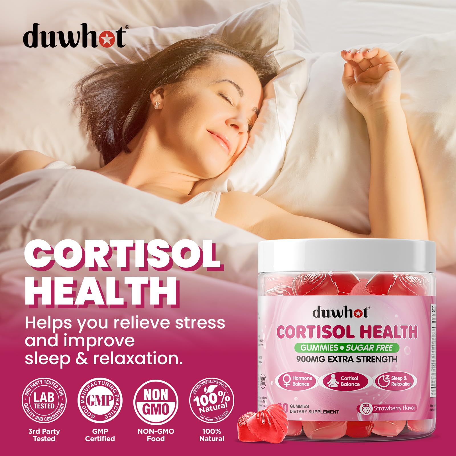 duwhot Cortisol Gummies with fresh strawberries