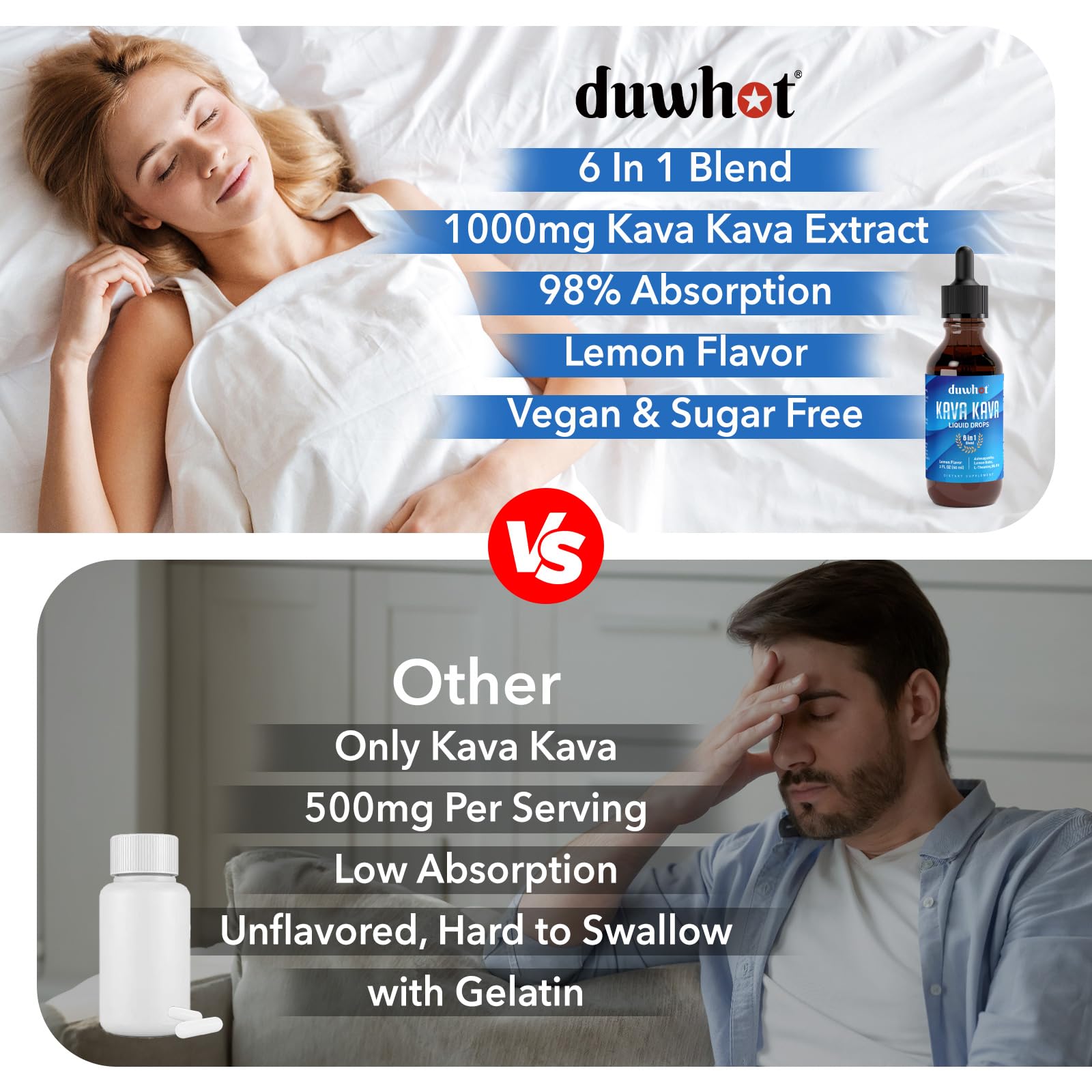 duwhot Kava Kava Drops 1000mg bottle on a wooden table