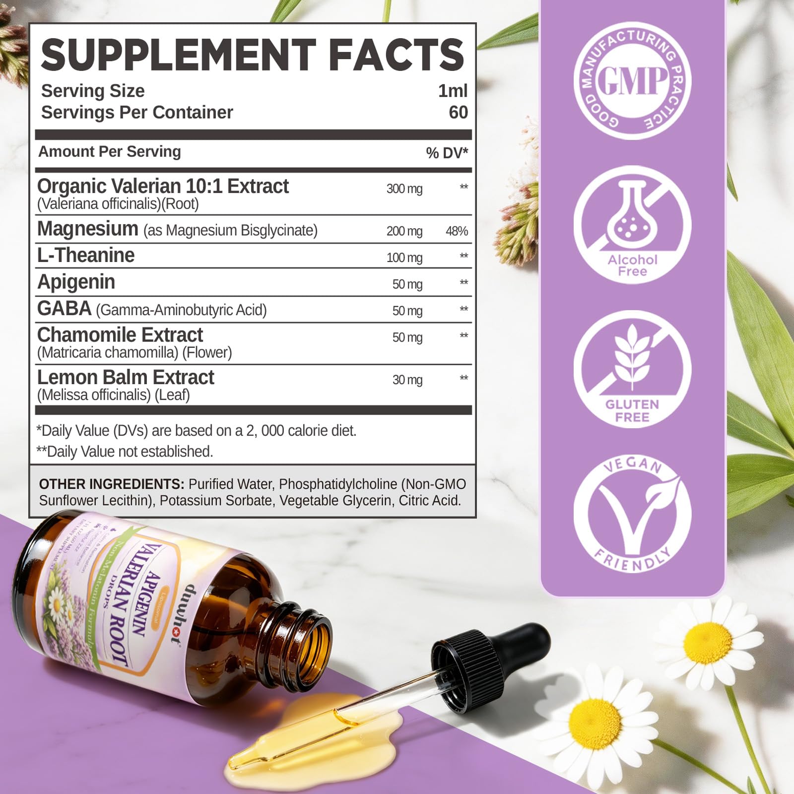 duwhot Liposomal Apigenin Liquid Drops 50mg 2 Fl Oz back view