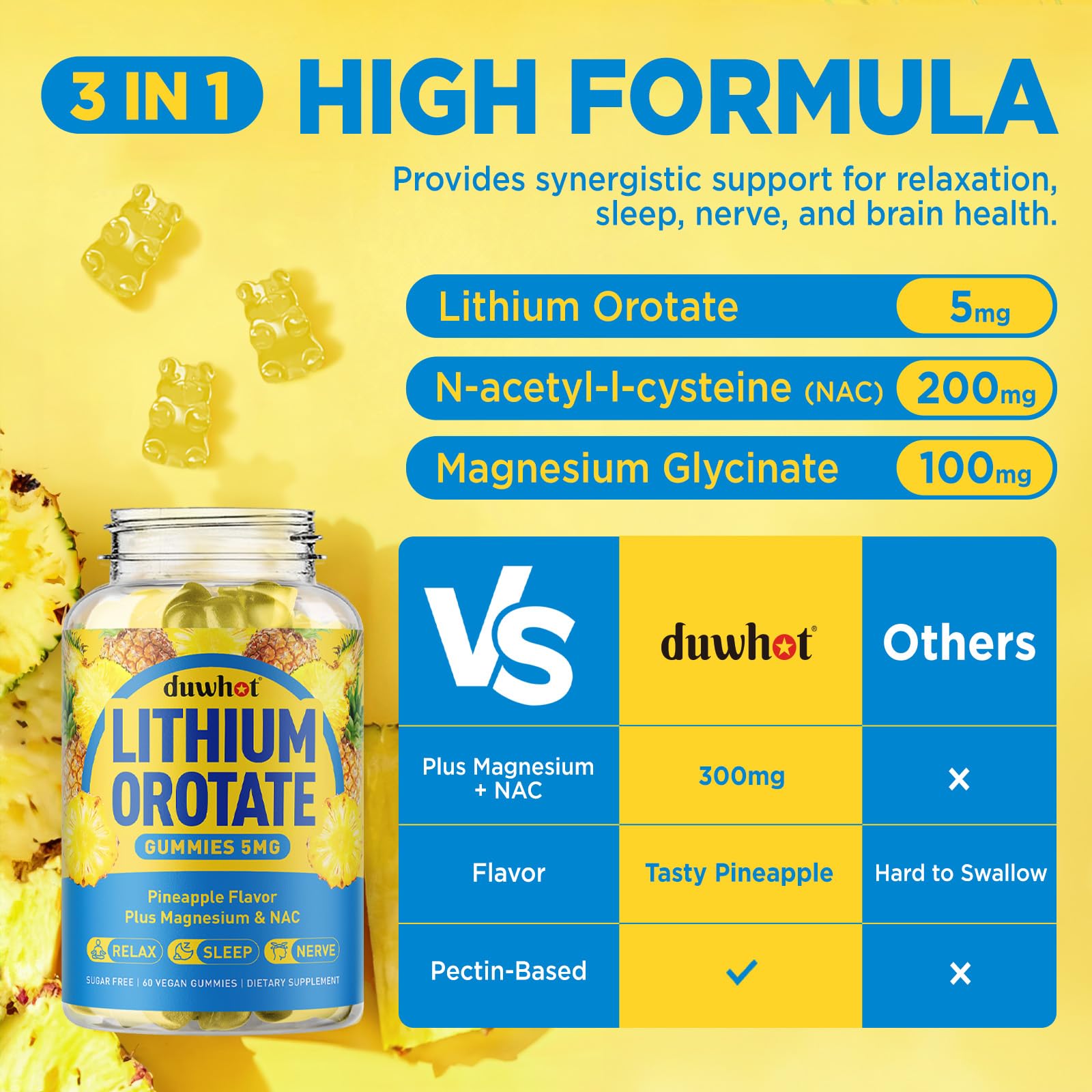 duwhot Lithium Orotate Gummies bottle with pineapple flavour