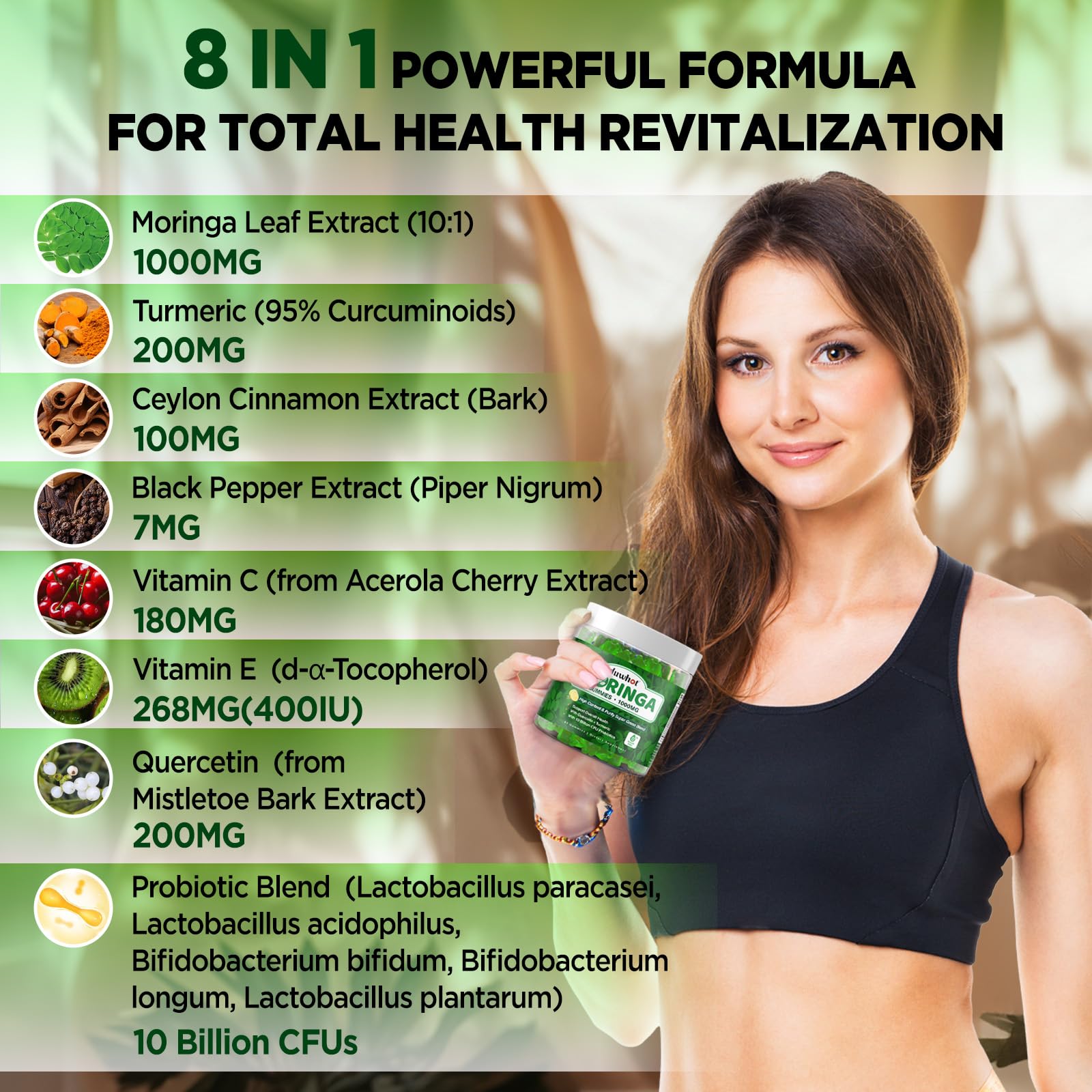 duwhot Moringa Gummies back view with ingredient list