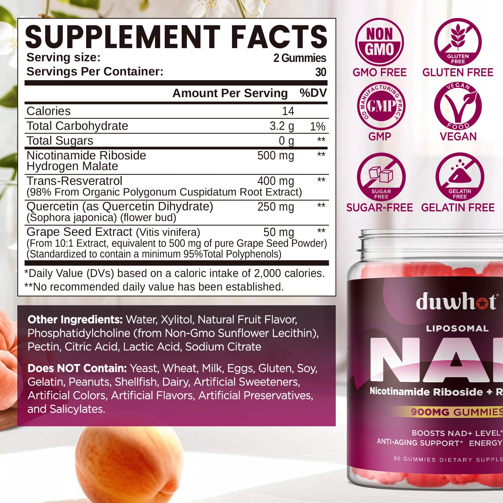 duwhot NAD supplement gummies showing natural peach flavour