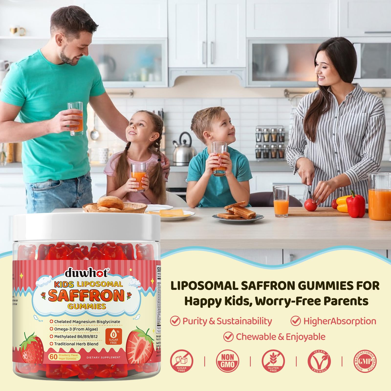duwhot Saffron Gummies for Kids with a glass of water