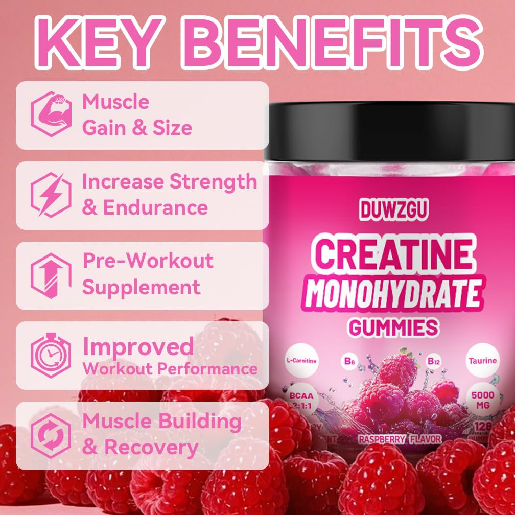 DUWZGU Creatine Monohydrate Gummies raspberry flavour close-up