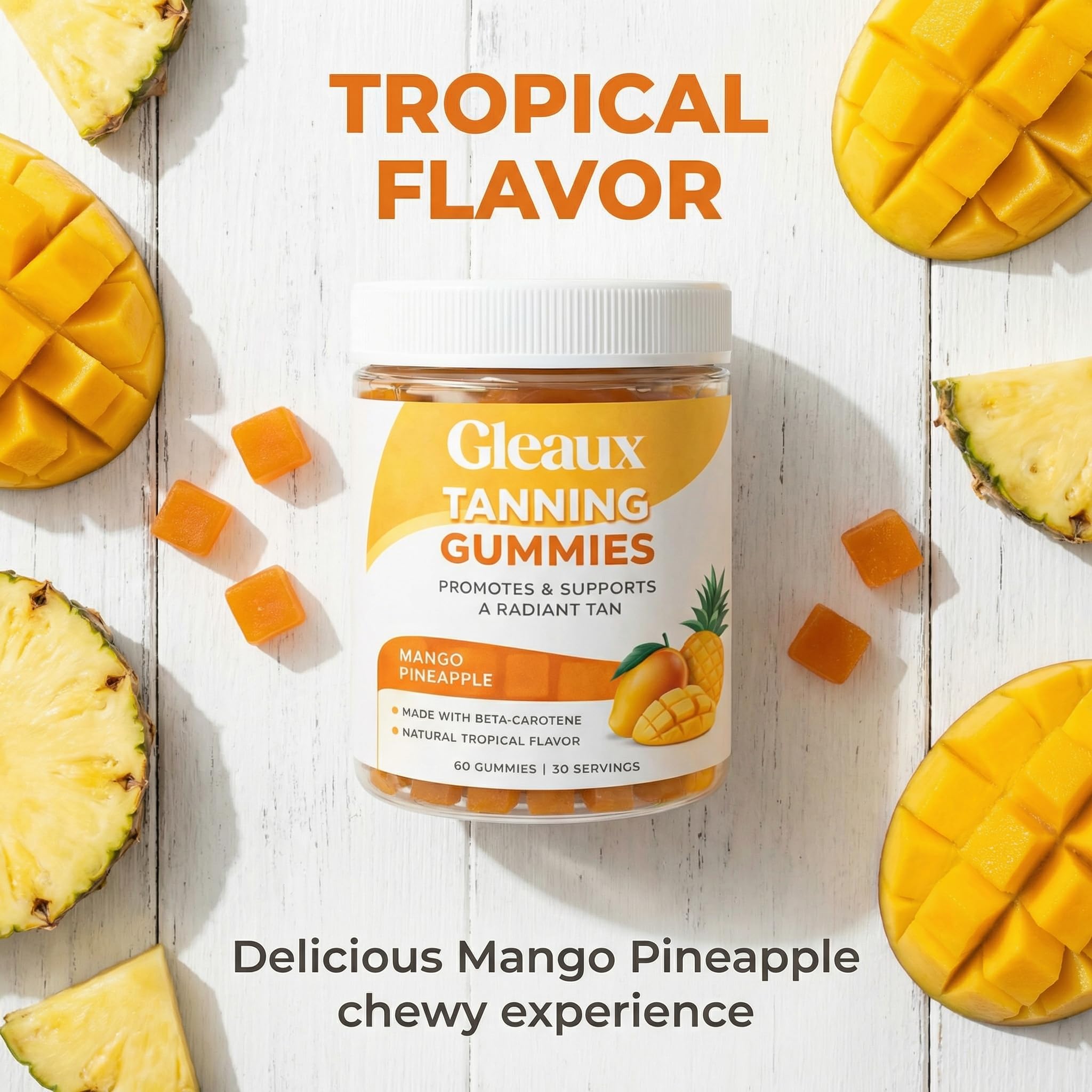 DXWXH Gleaux Tanning Gummies bottle with tropical fruits