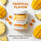 DXWXH Gleaux Tanning Gummies bottle with tropical fruits