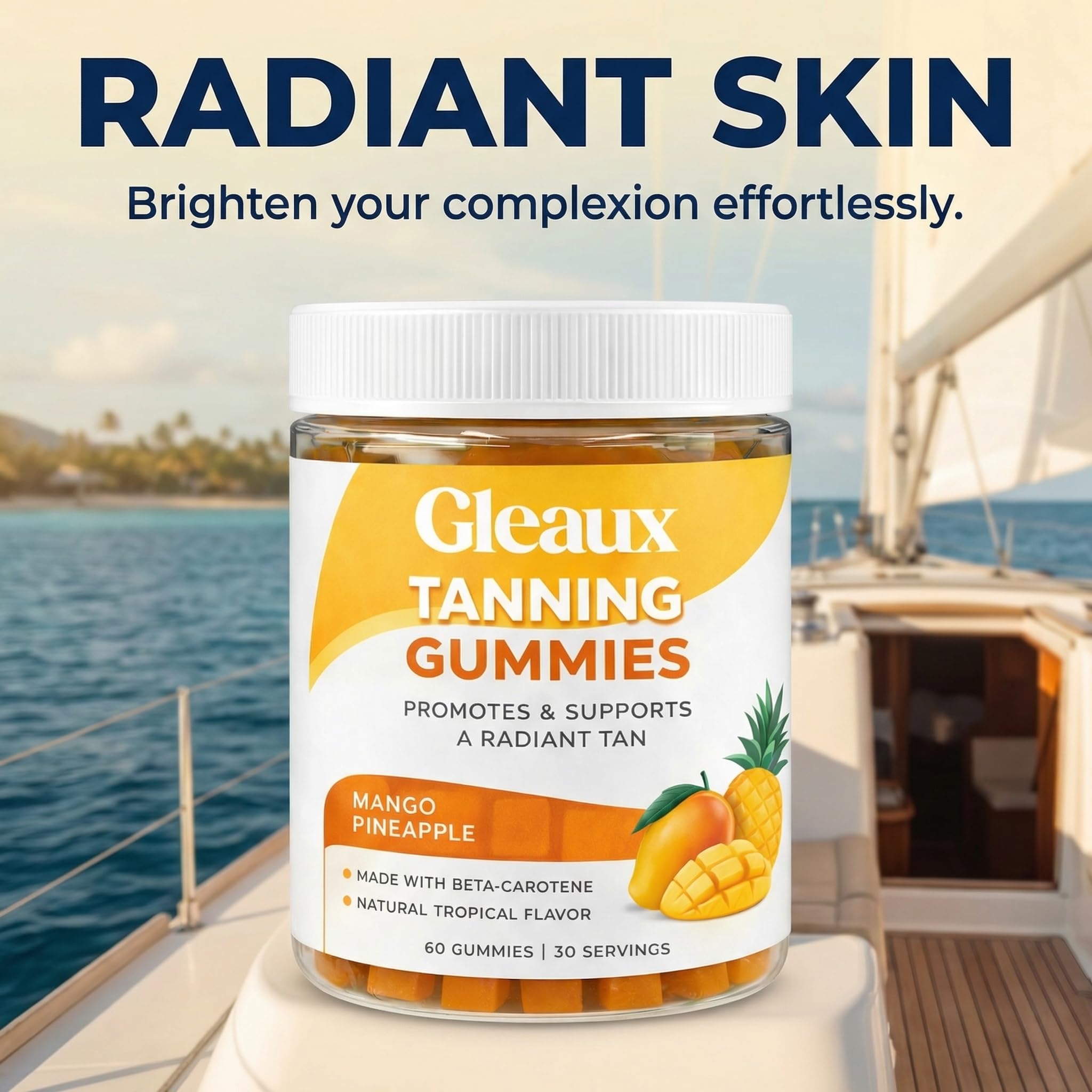 DXWXH Gleaux Tanning Gummies lifestyle scene with beach background