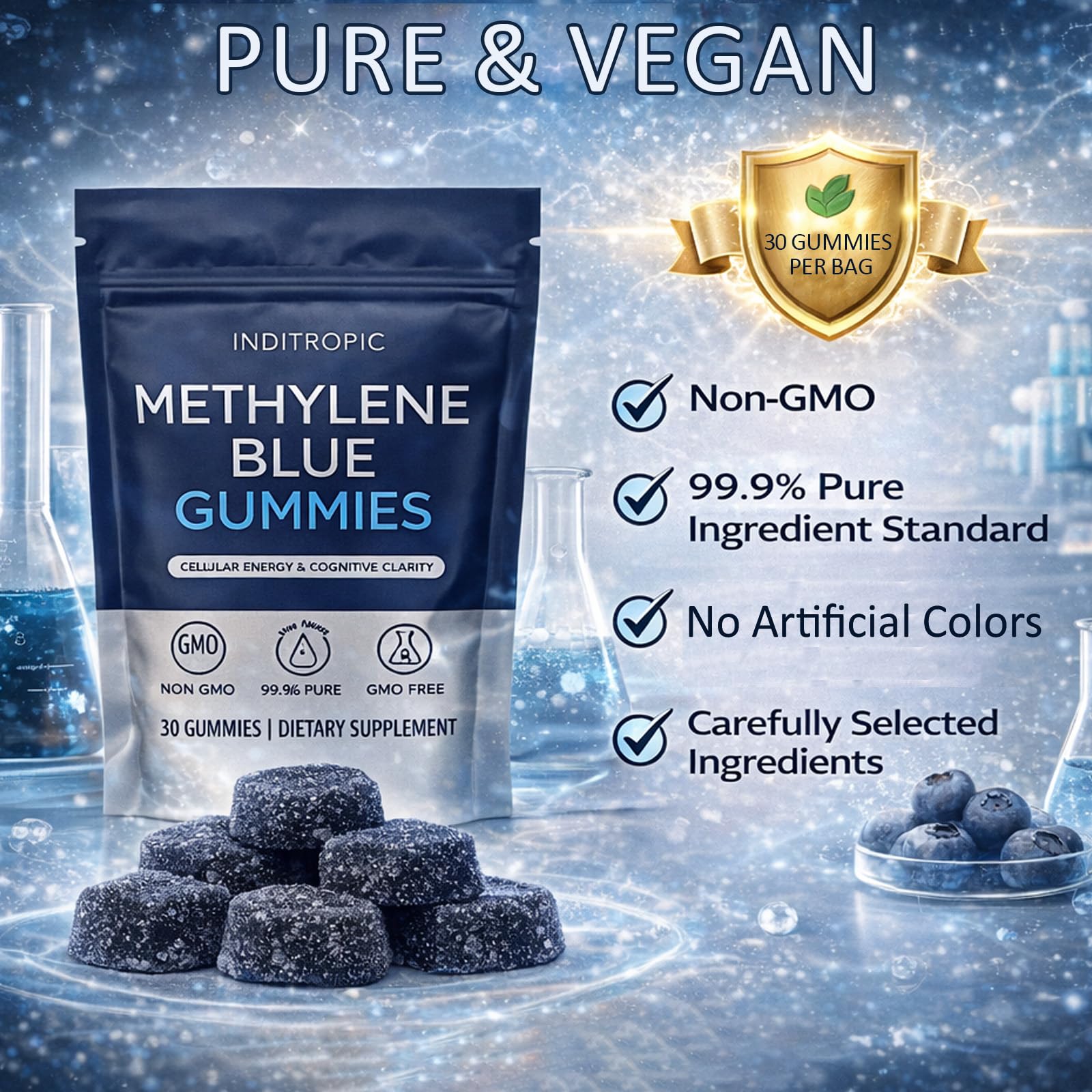 DXWXH Methylene Blue Gummies displayed with a glass of water
