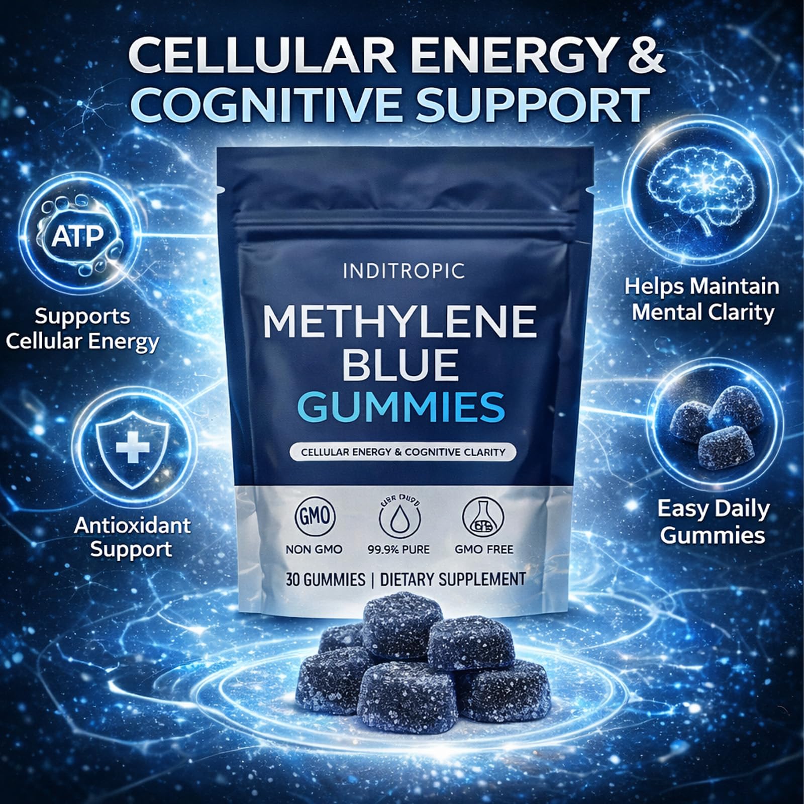 DXWXH Methylene Blue Gummies on a wooden table
