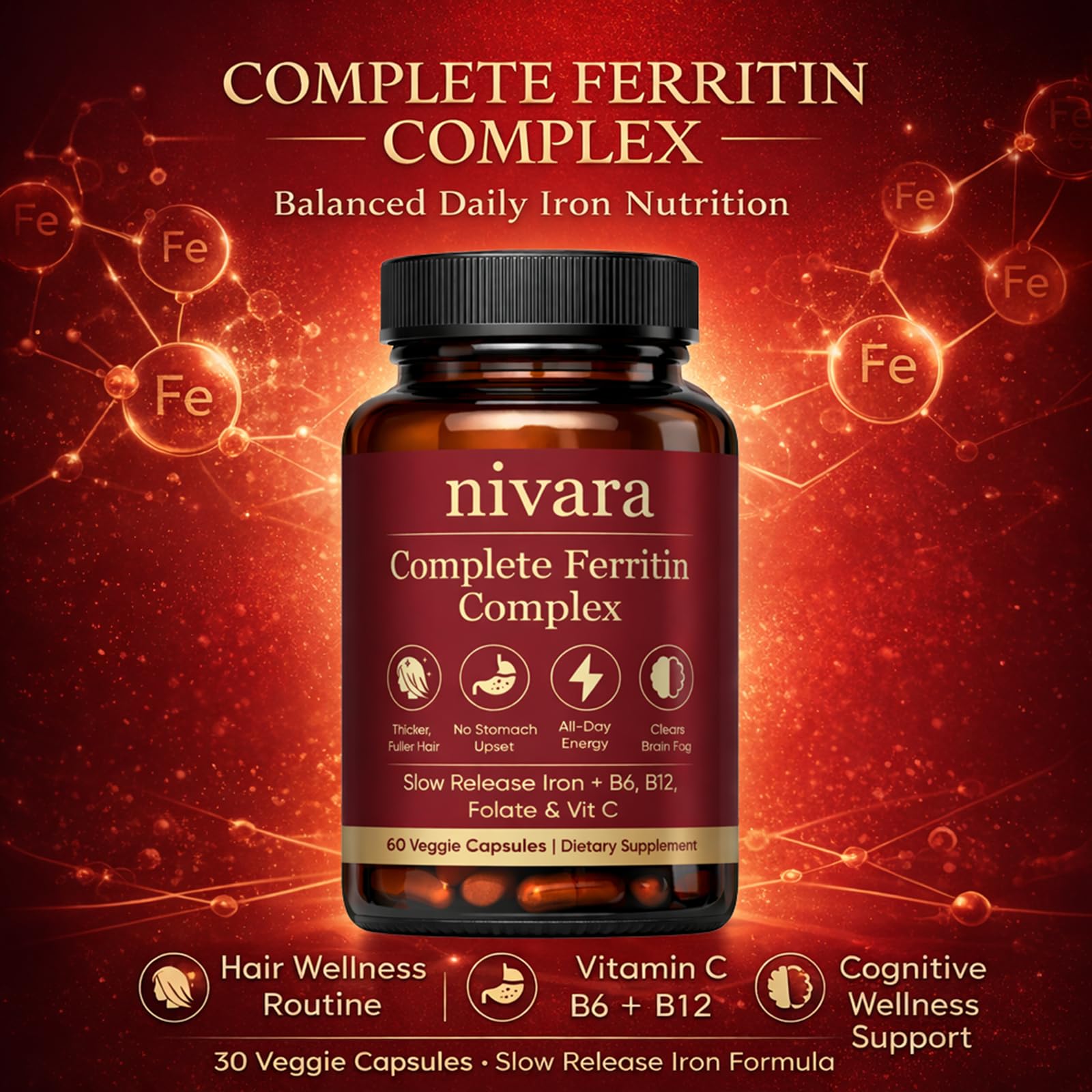 DXWXH Nivara Ferravital Complete Ferritin Complex capsules on a table