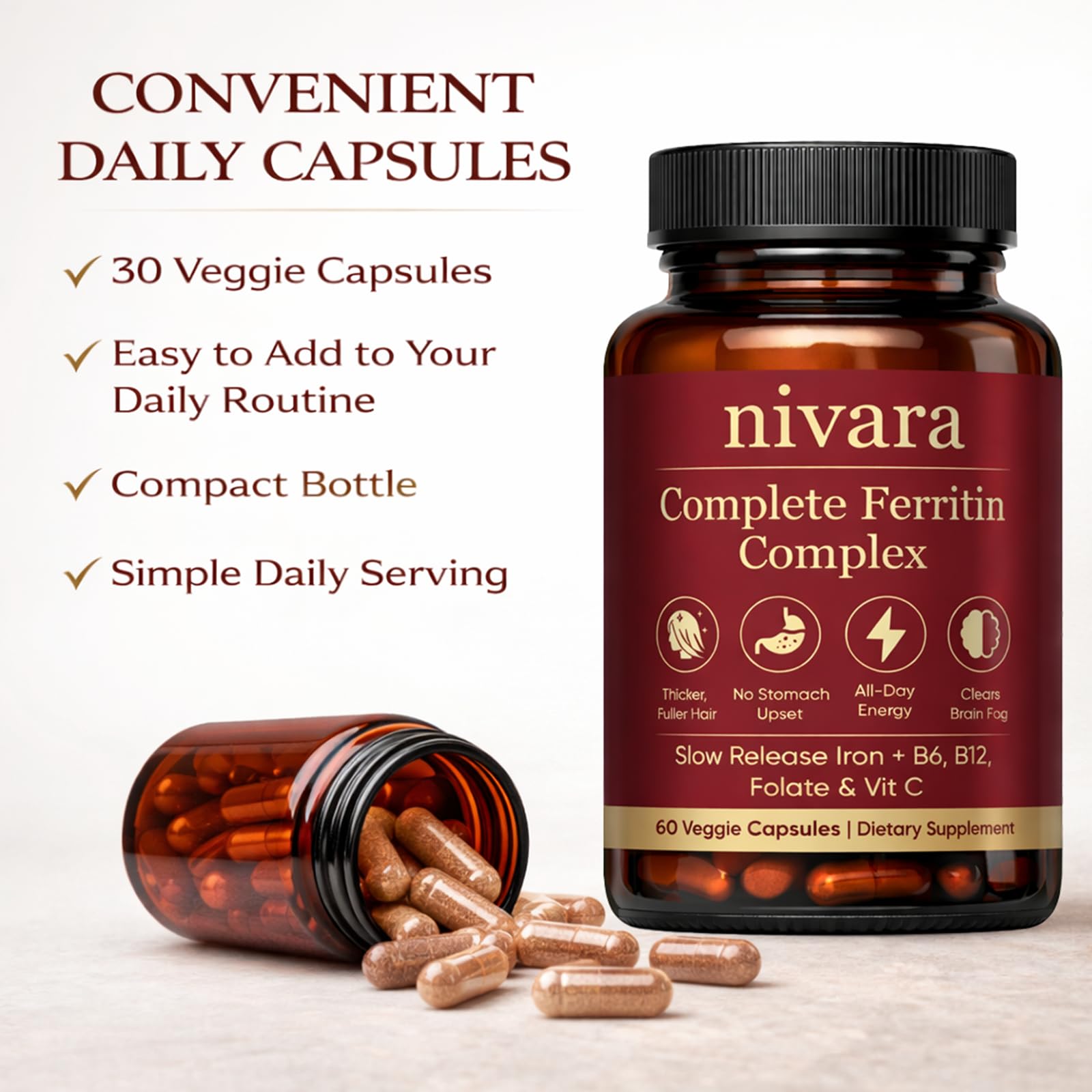 DXWXH Nivara Ferravital Complete Ferritin Complex vegan capsule close-up