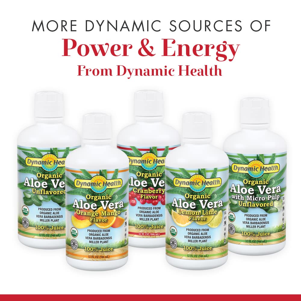 Dynamic Health Organic Aloe Vera Juice bottle on a kitchen counter