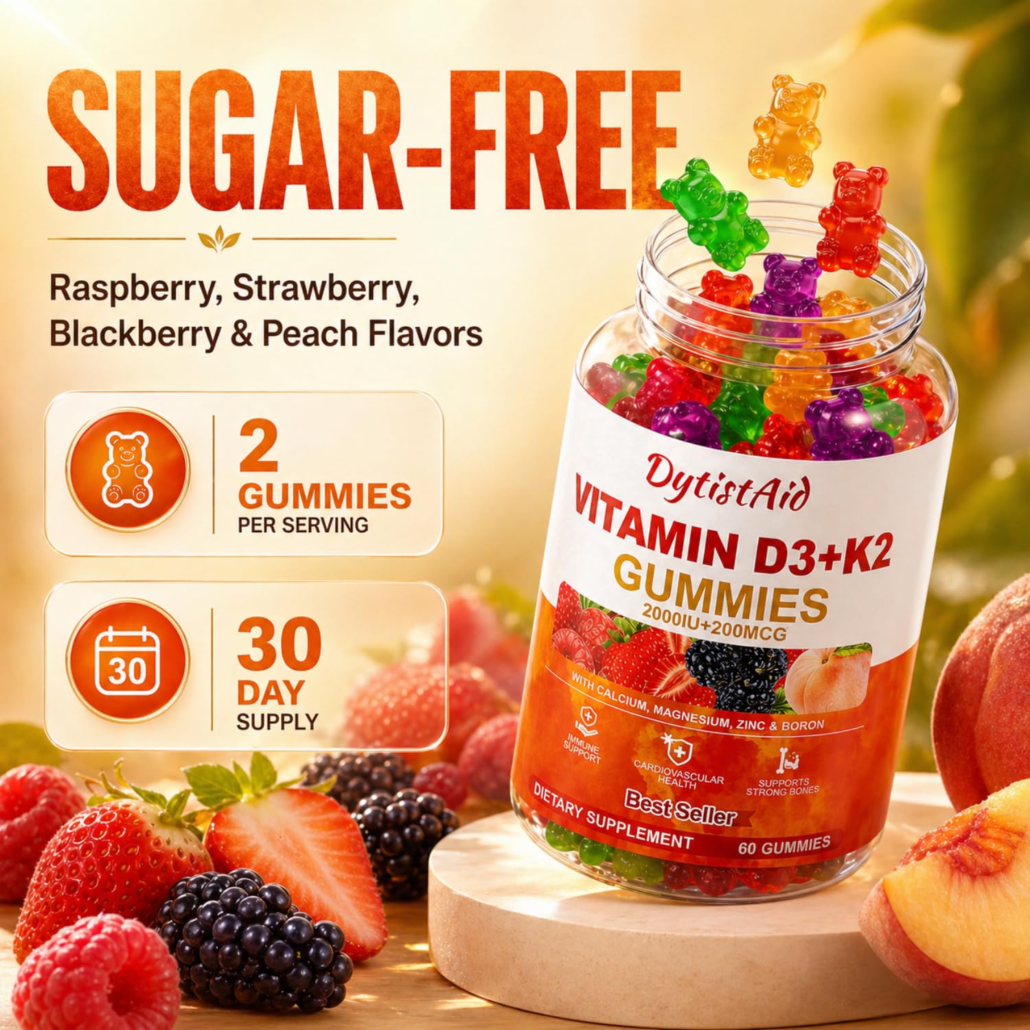 DytistAid Vitamin D3+K2 Gummies bottle with open cap