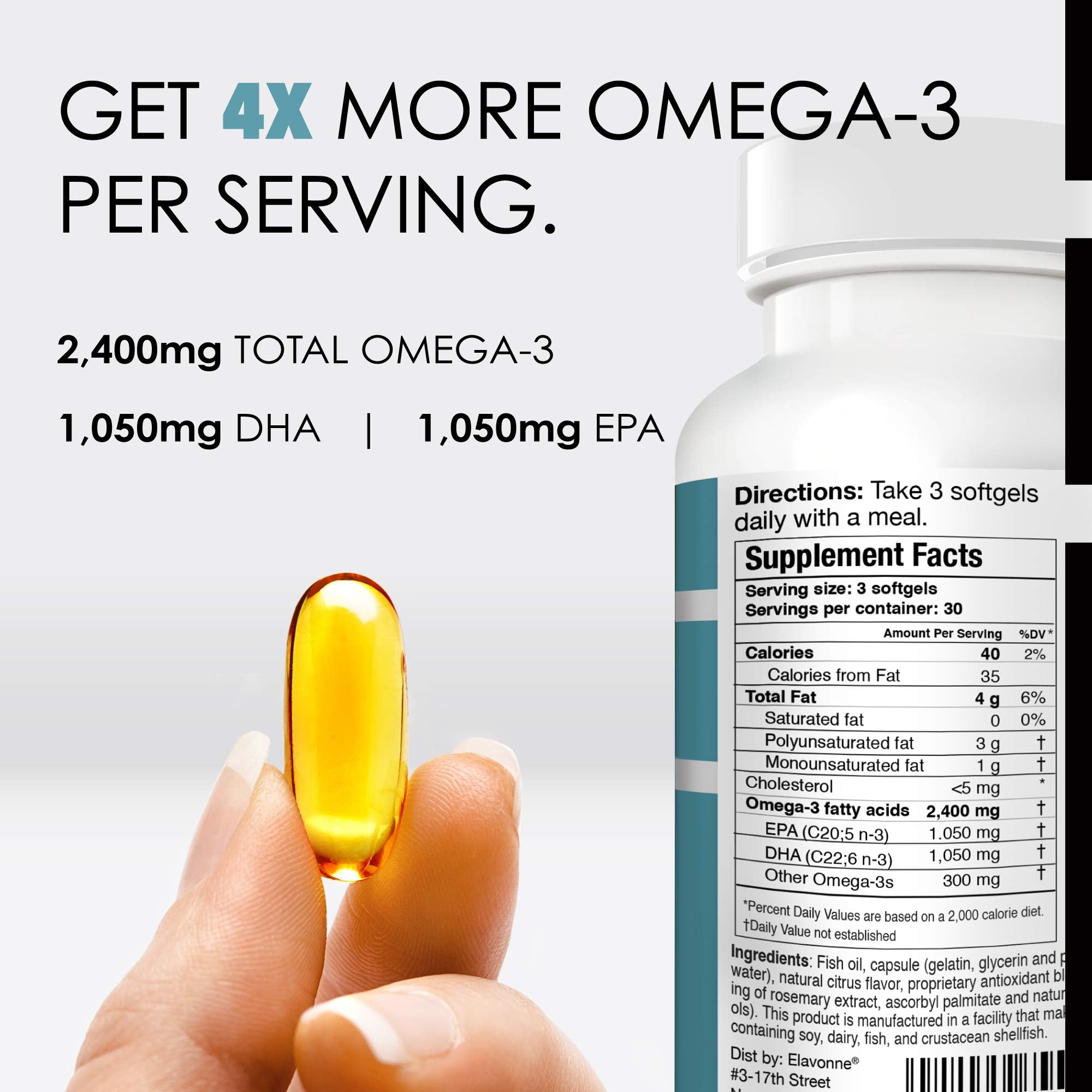 E´LAVONNE Fish Oil 90 softgels bottle side view