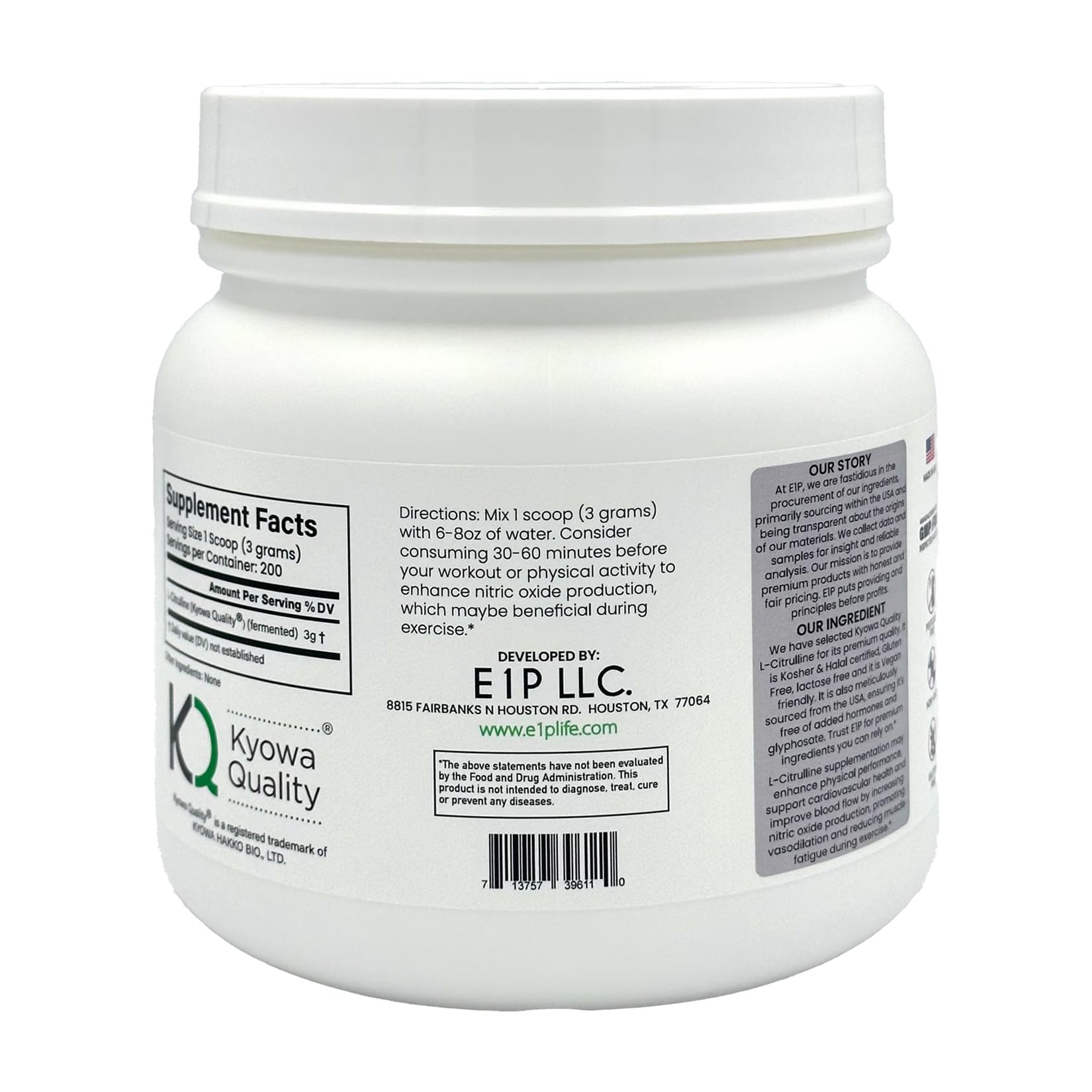 E1P L-Citrulline Unflavoured Powder 600g side view