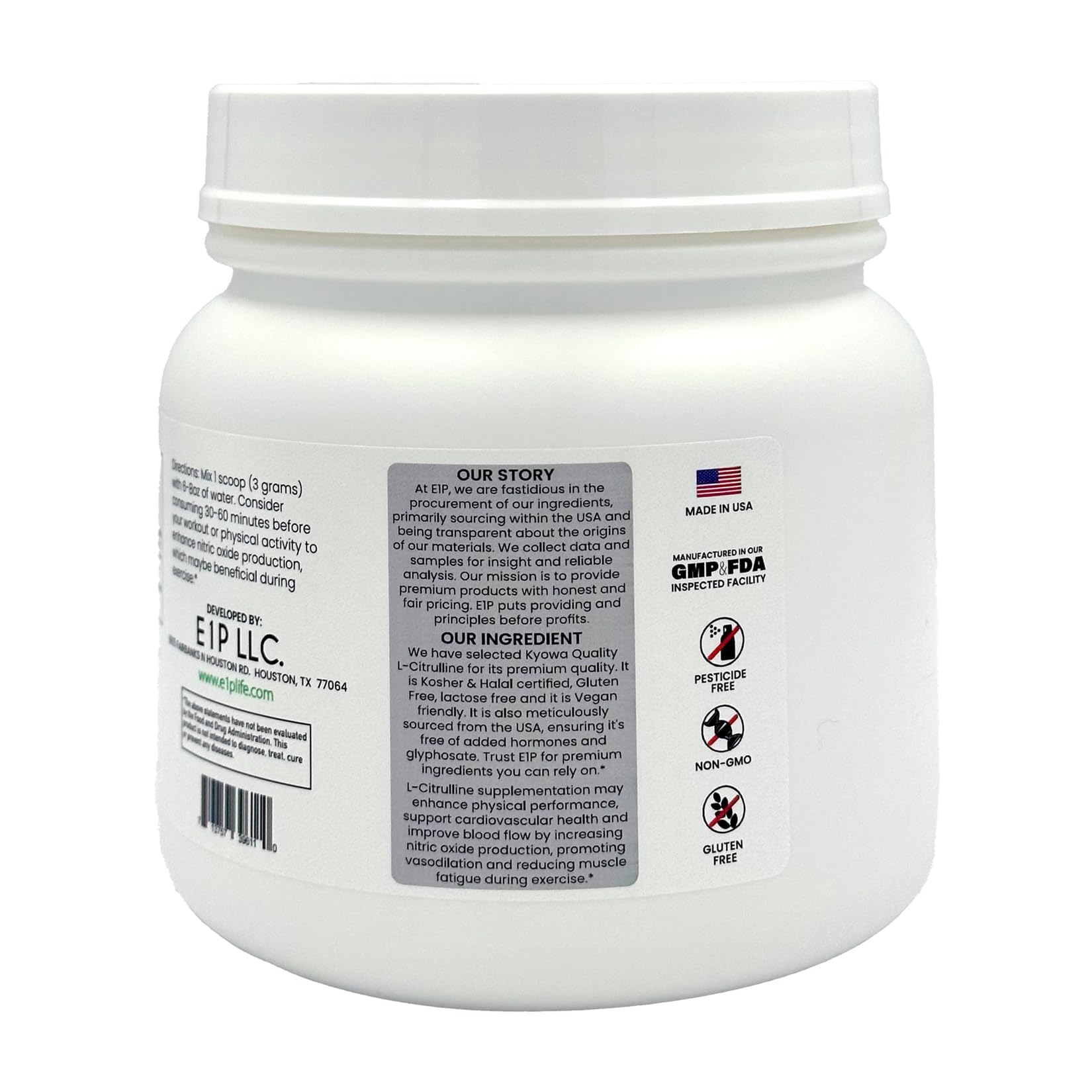 E1P L-Citrulline Unflavoured Powder 600g with measuring scoop