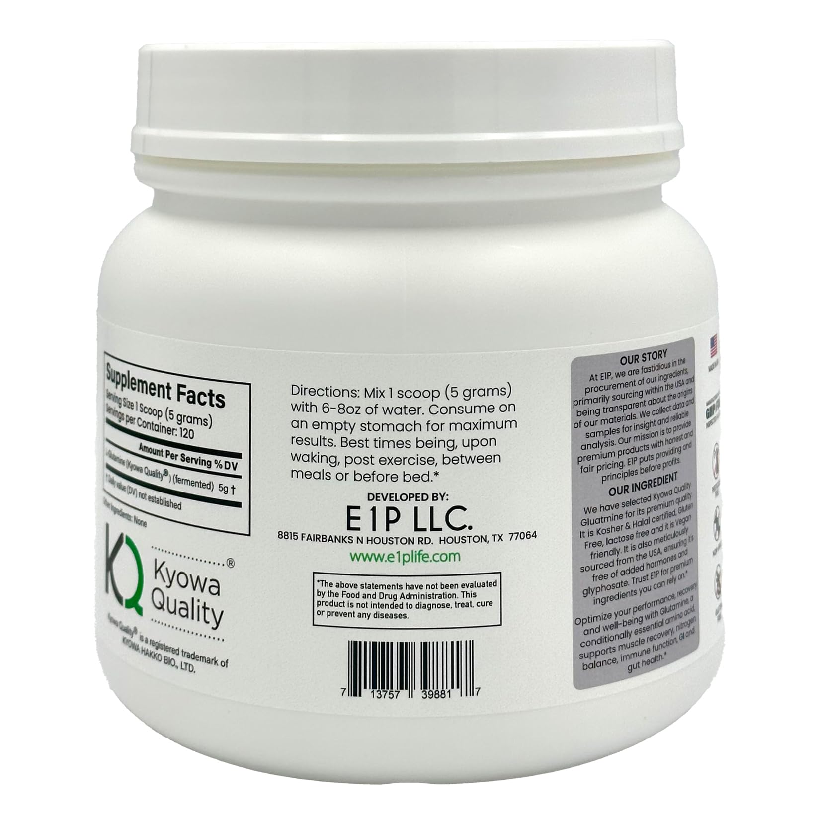 E1P L-Glutamine Unflavoured Powder 600g packaging