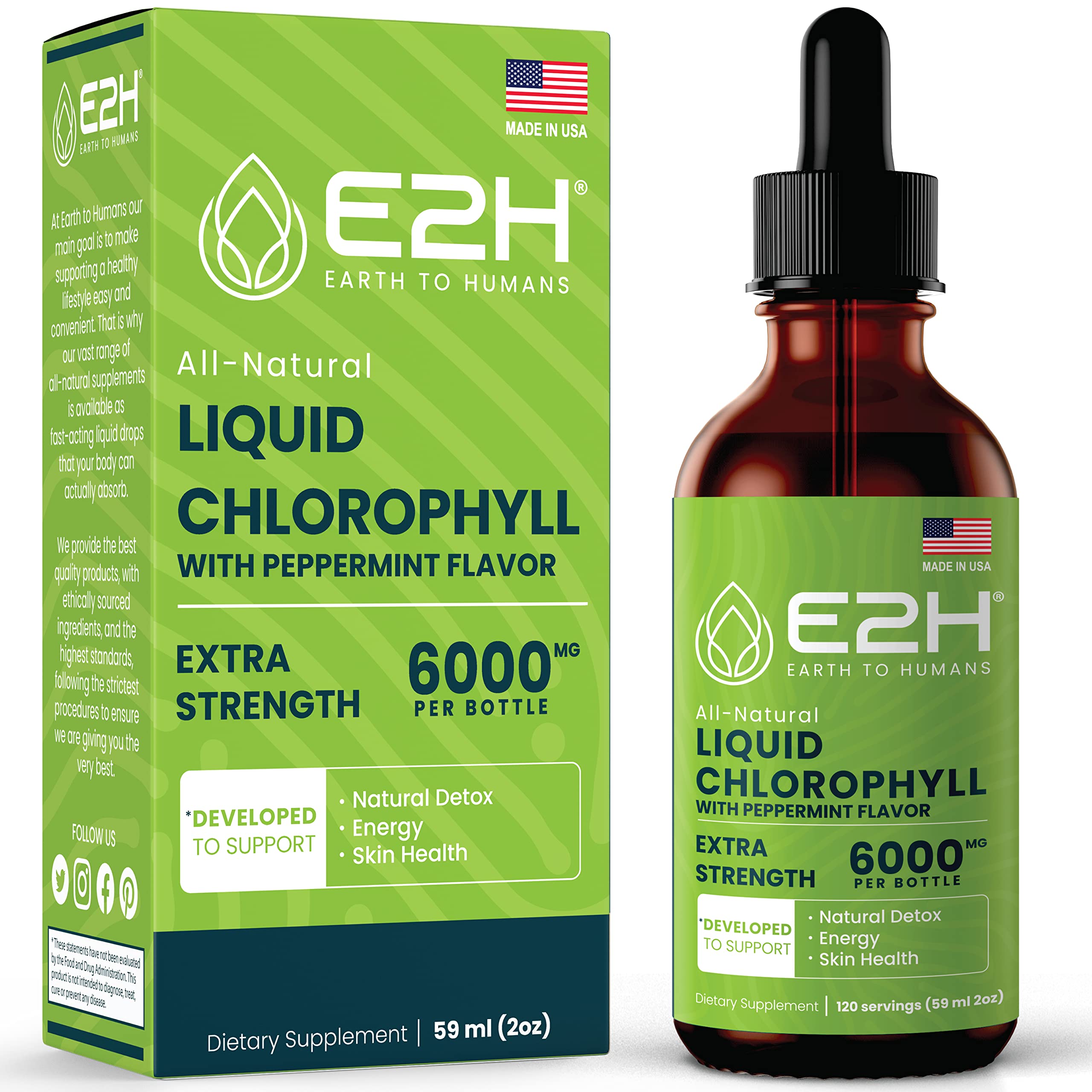 E2H EARTH TO HUMANS Liquid Chlorophyll 60ml bottle front view