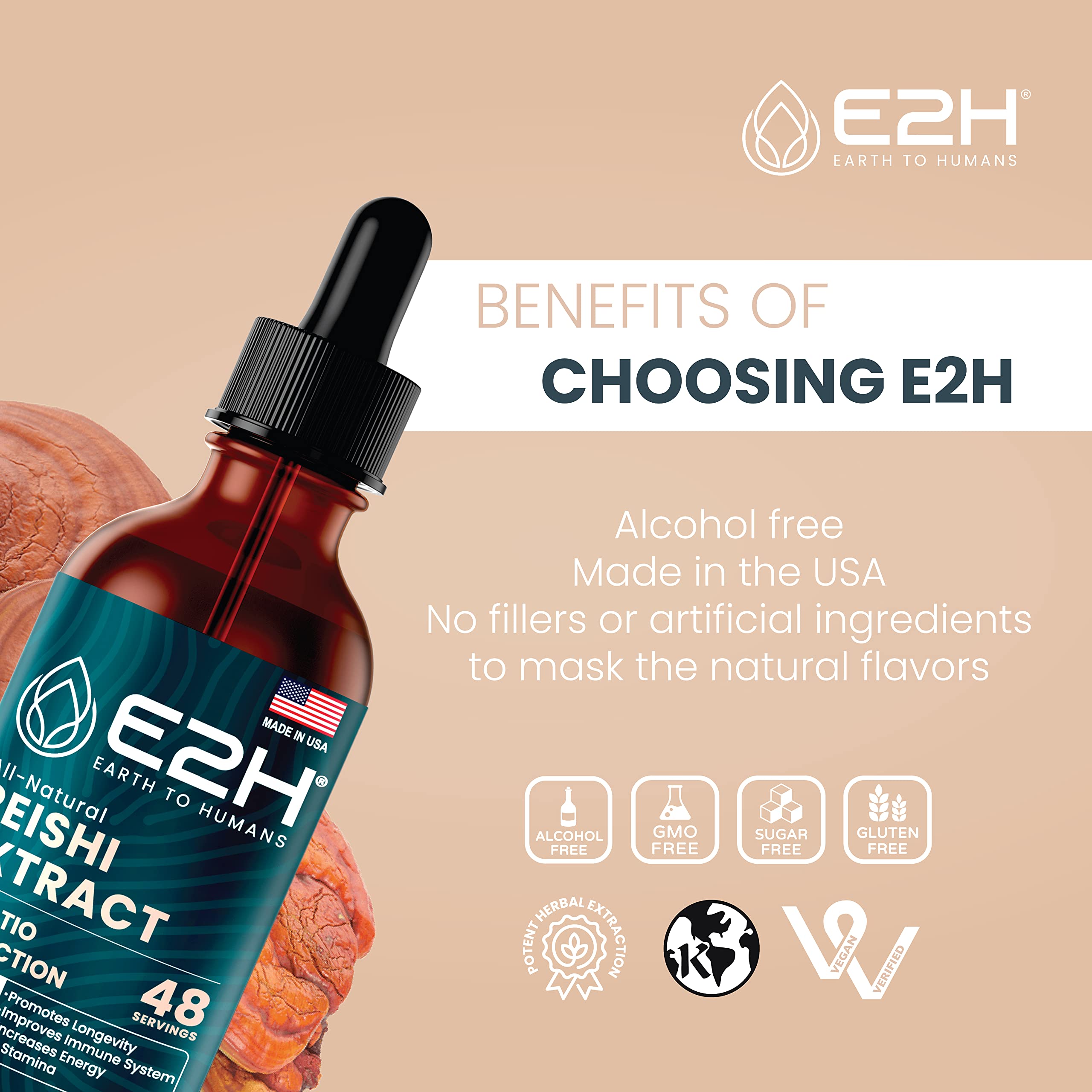 E2H EARTH TO HUMANS Reishi Mushroom Extract bottle with dropper
