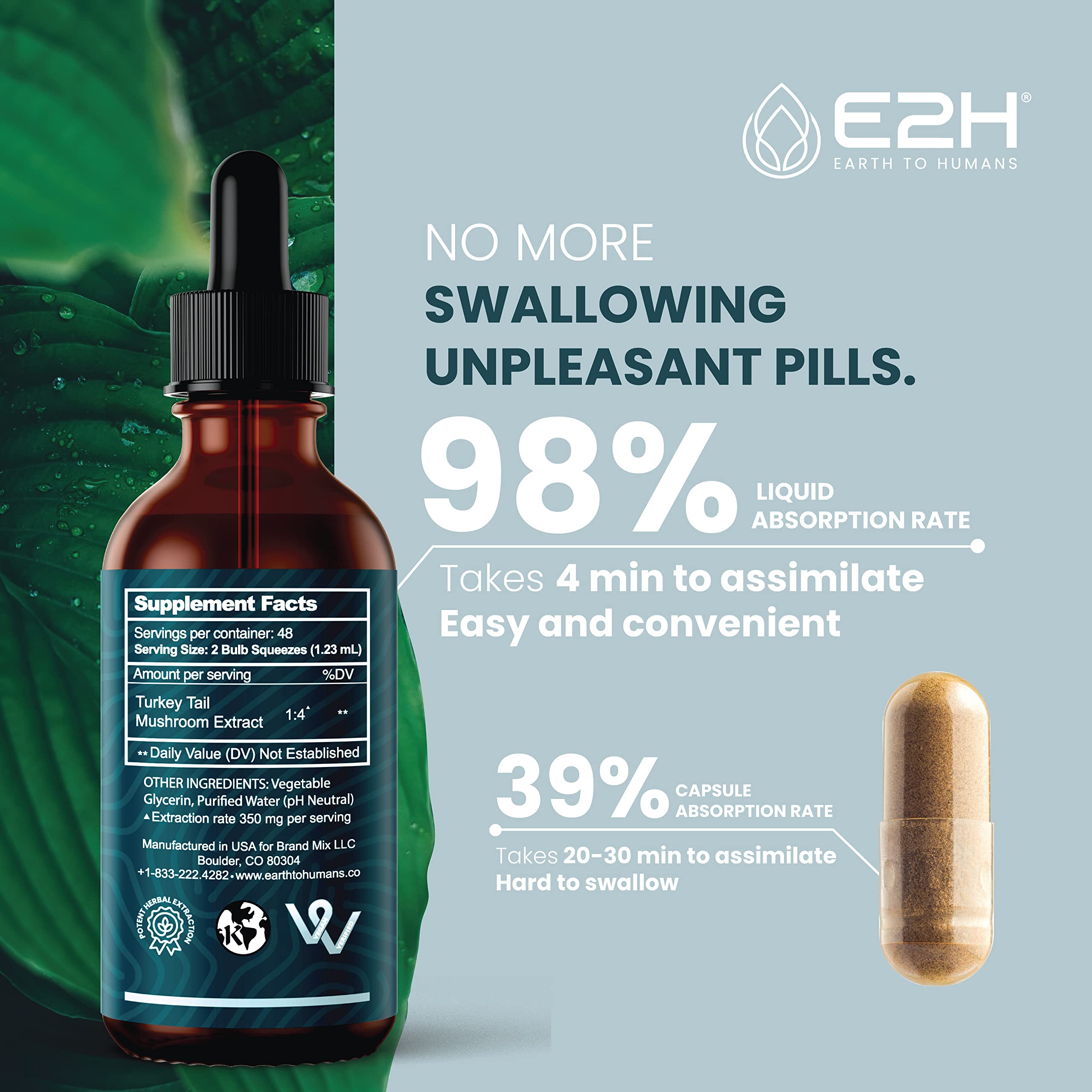 E2H EARTH TO HUMANS Turkey Tail Mushroom Extract packaging side view