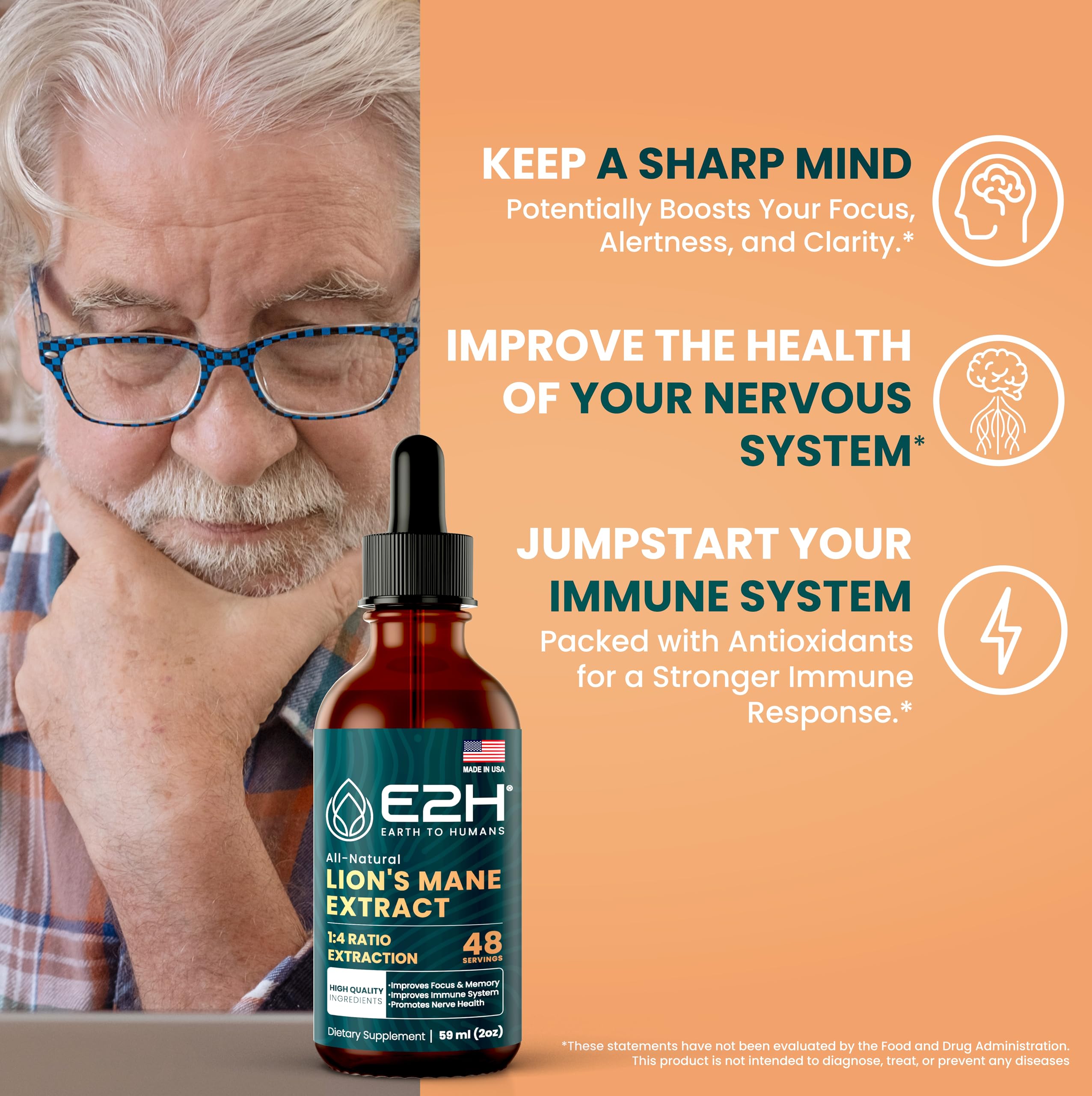 E2H Lion's Mane Mushroom Liquid Drops bottle with dropper
