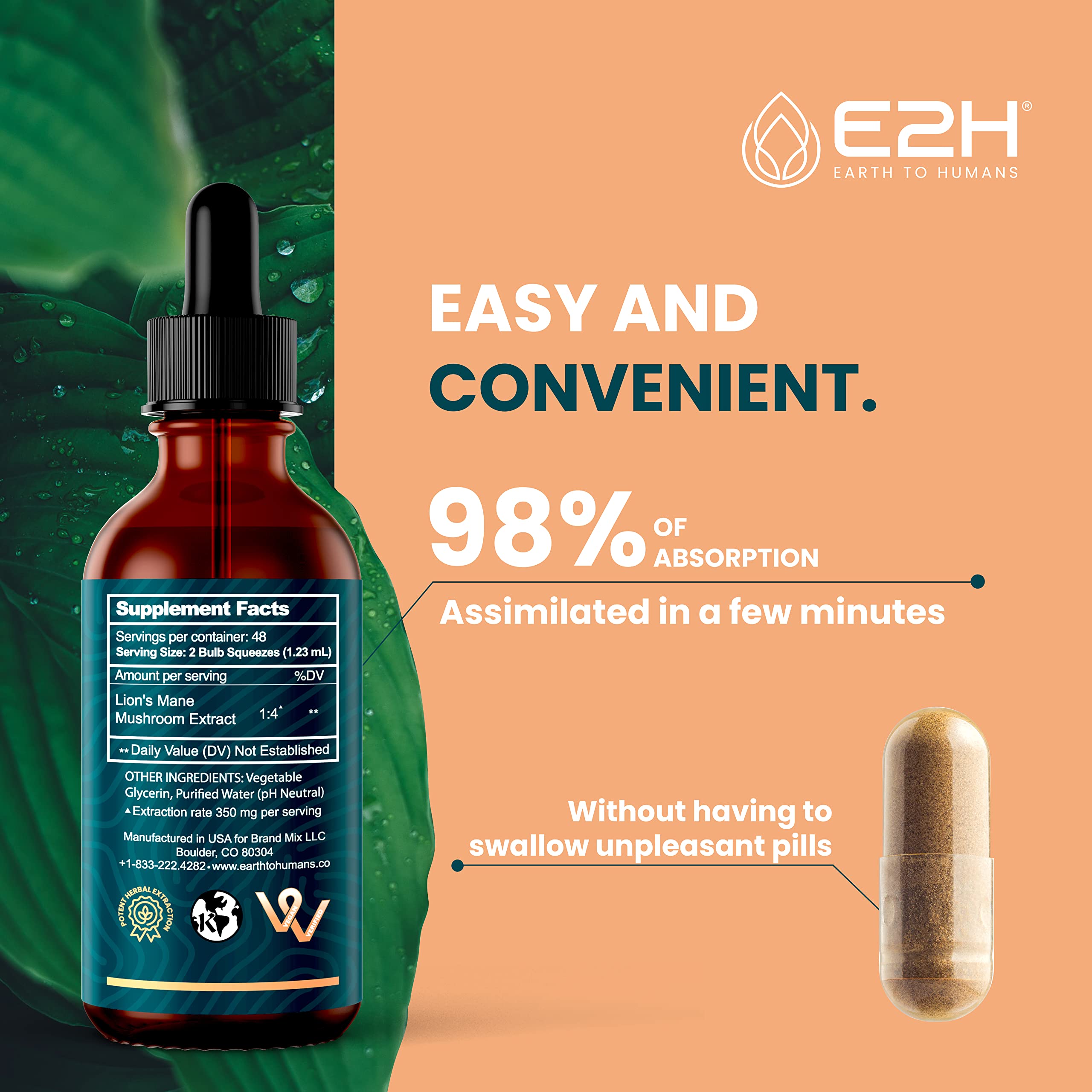 E2H Lion's Mane Mushroom Liquid Drops with measuring dropper