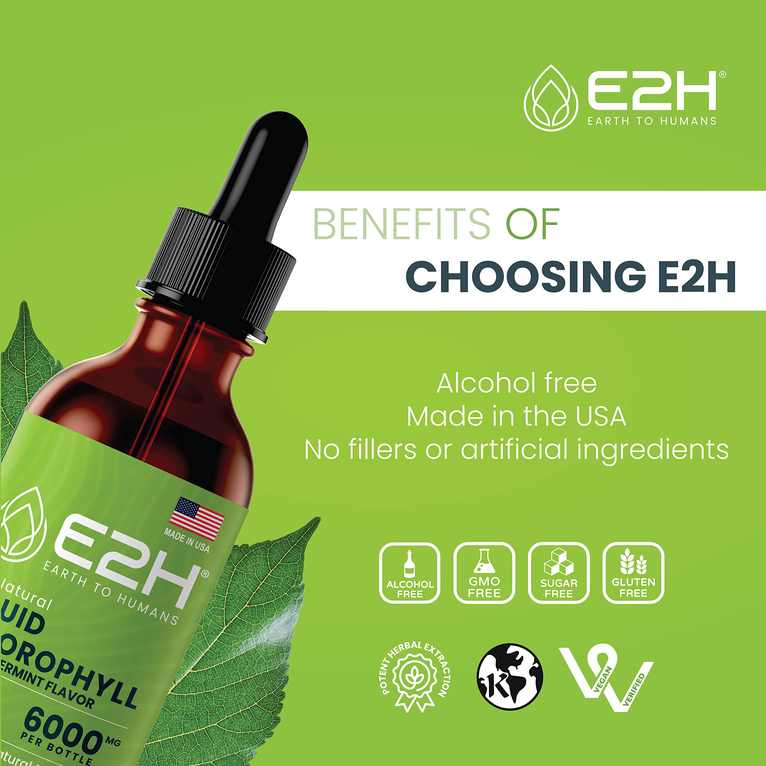 E2H Liquid Chlorophyll 60ml with glass of water
