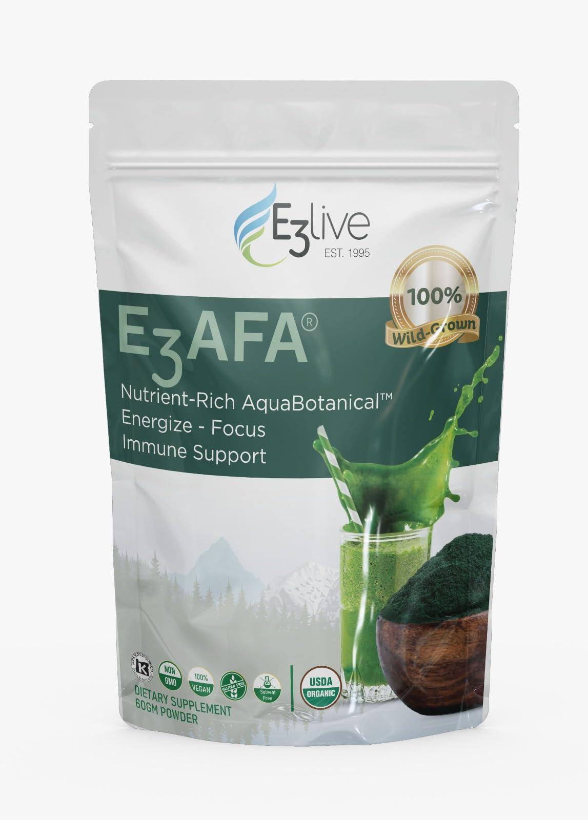E3LIVE AFA Blue-Green Algae 60g pouch front view