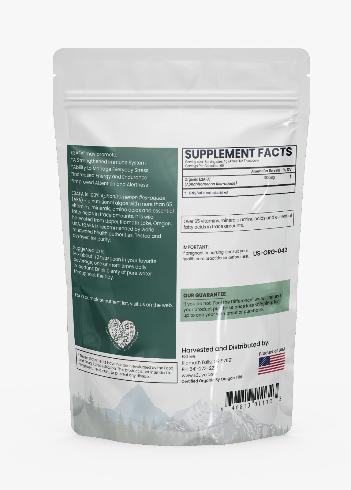 E3LIVE AFA Blue-Green Algae 60g pouch side view with packaging details