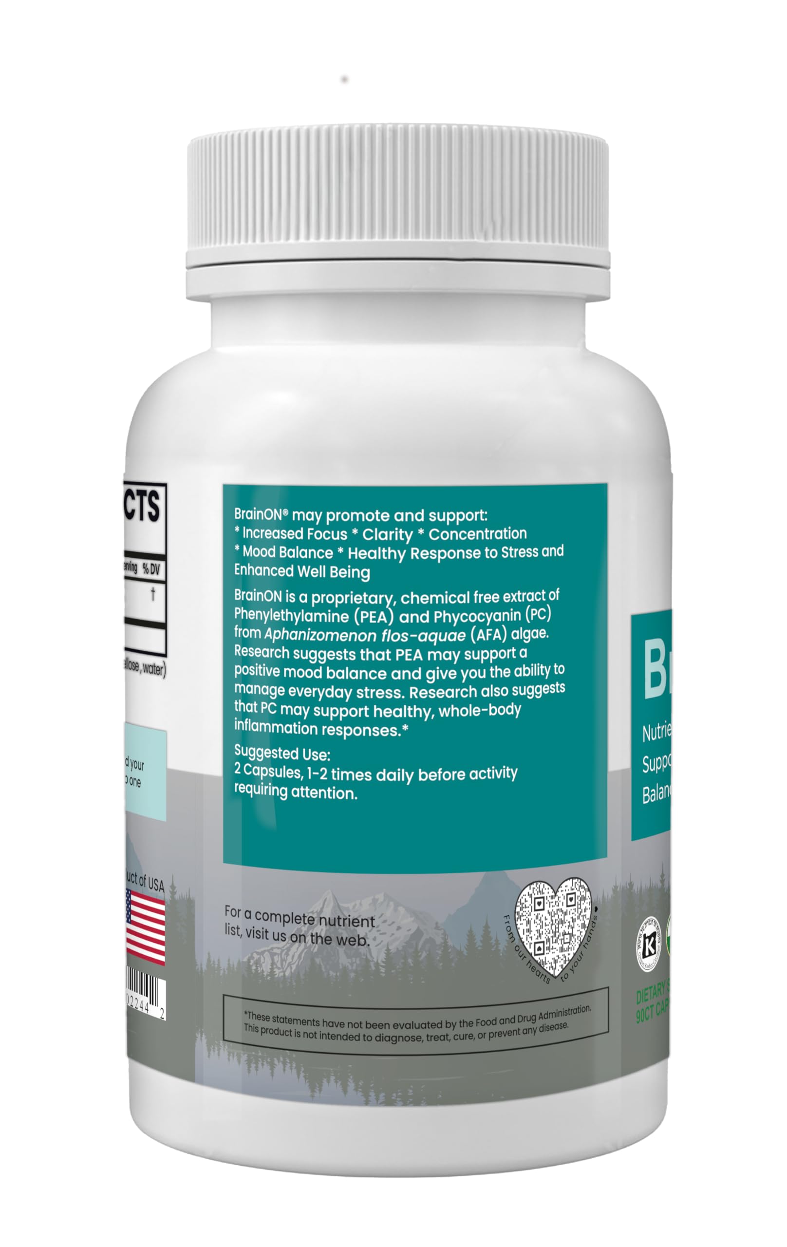 E3LIVE BrainOn Spirulina Supplement packaging with dosage information