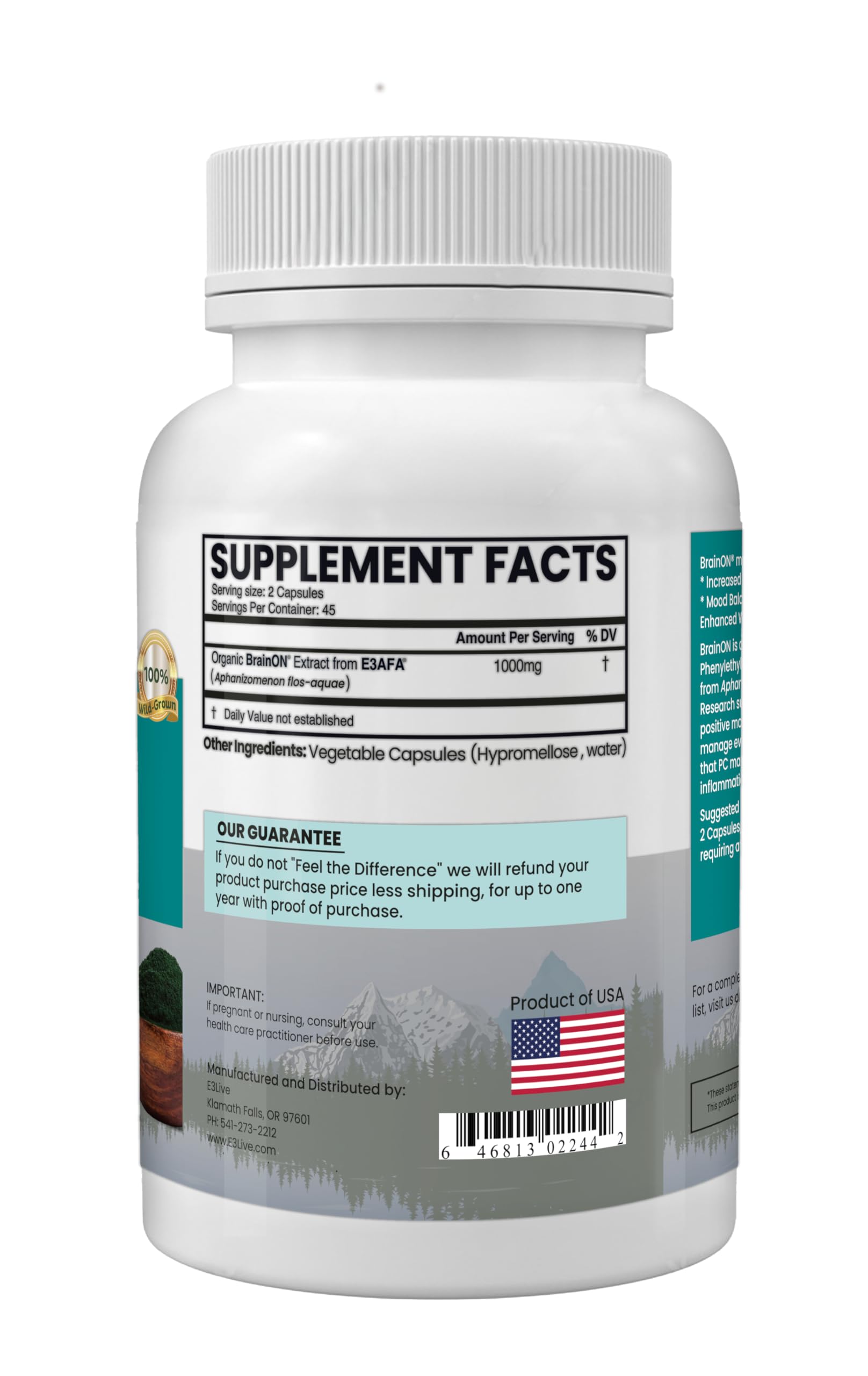 E3LIVE BrainOn Spirulina Supplement side view showing capsule details
