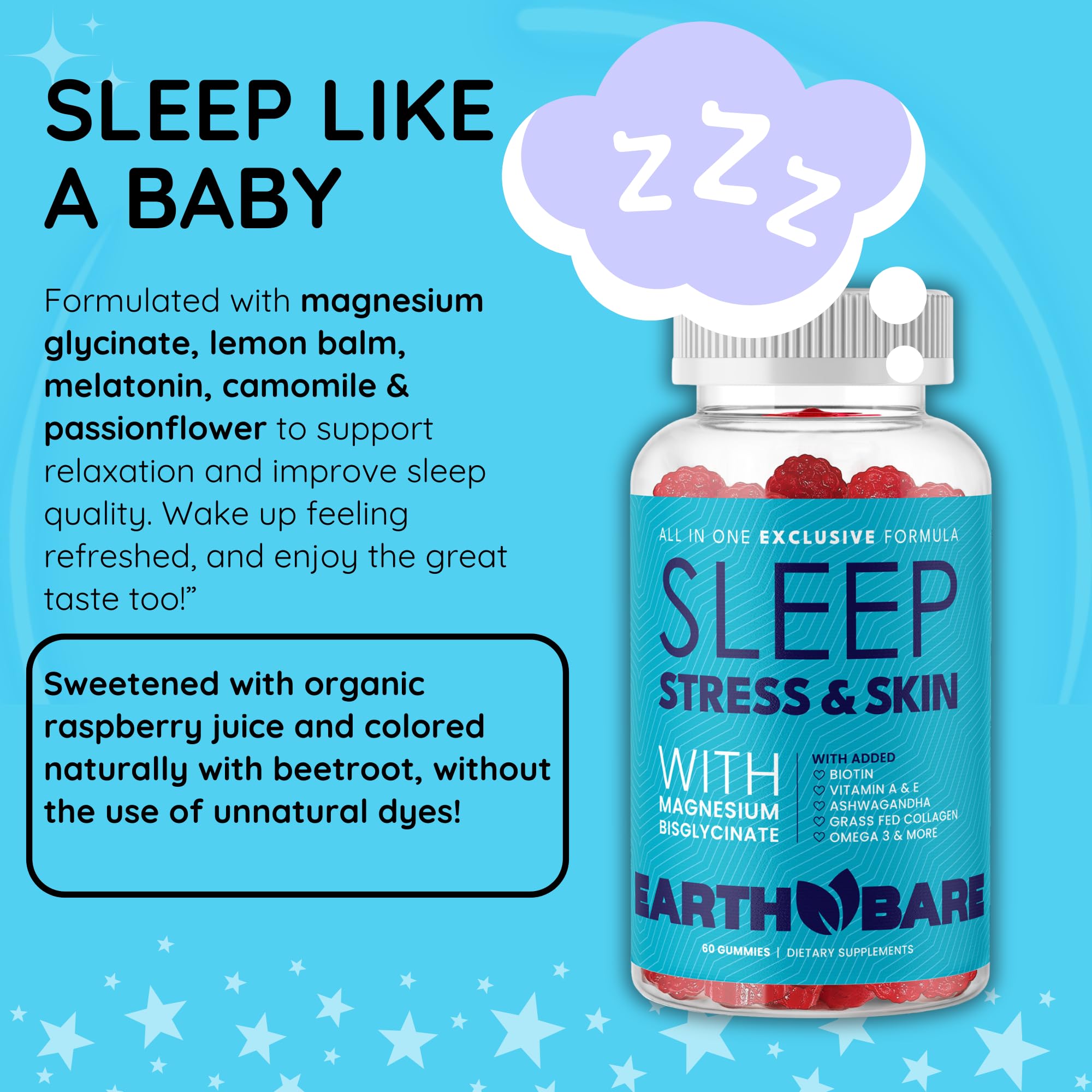Earth Bare Calm Sleep Gummies displayed with a glass of water