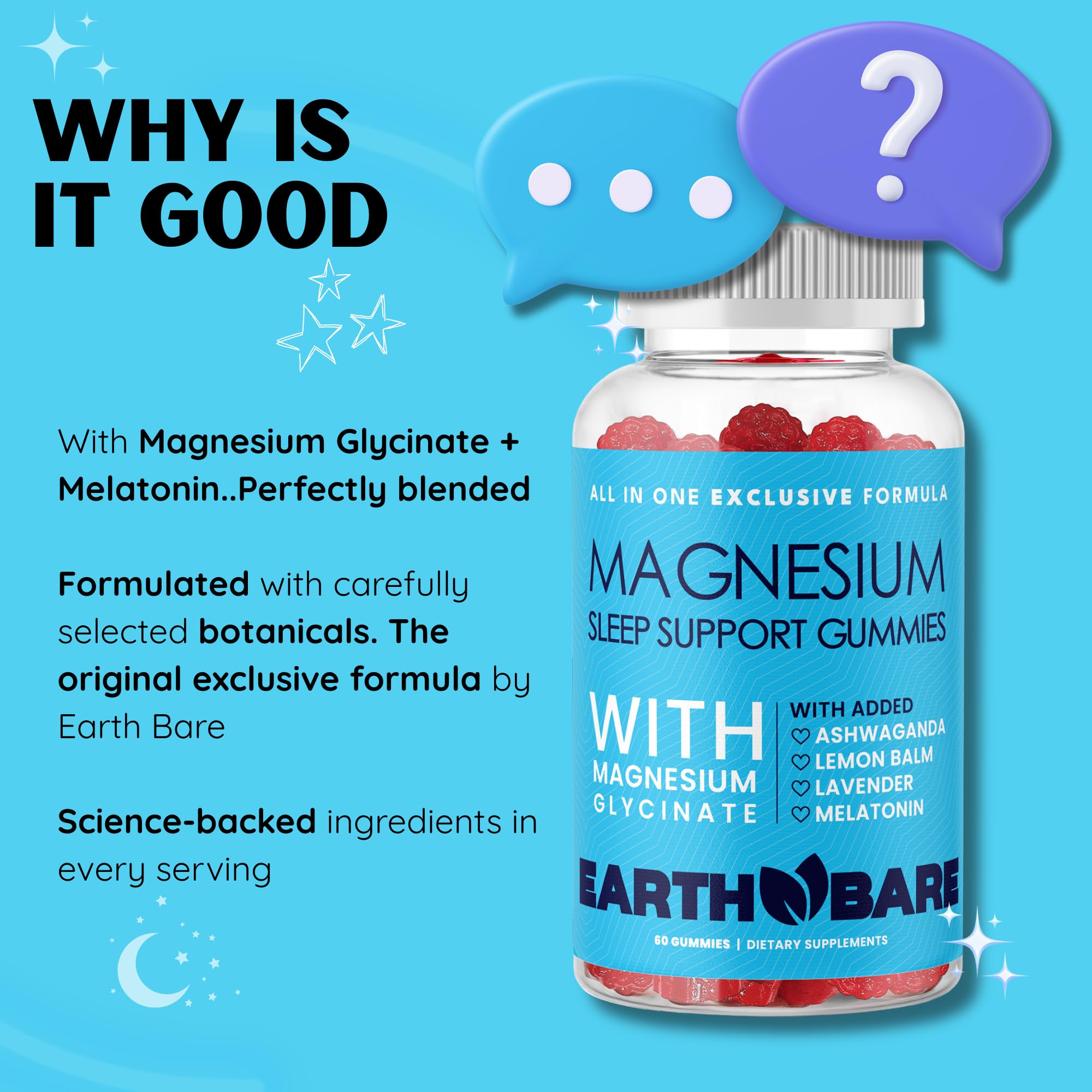 Earth Bare Magnesium Glycinate Gummies with a hand holding two gummies