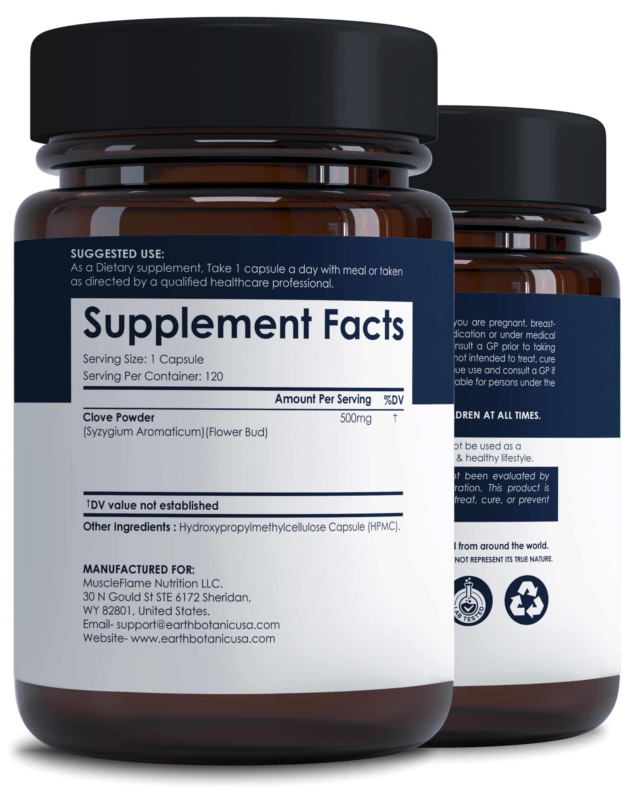 Earth BOTANIC Organic Clove Capsules 500mg bottle side view