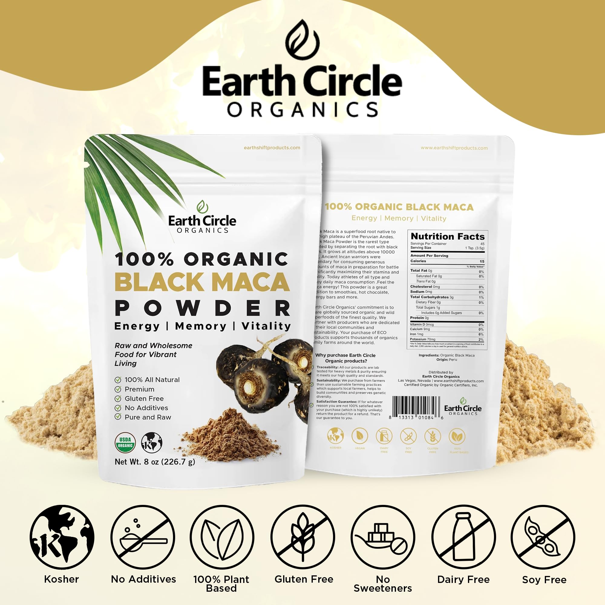 Earth Circle Organics Black Maca Powder on a kitchen counter