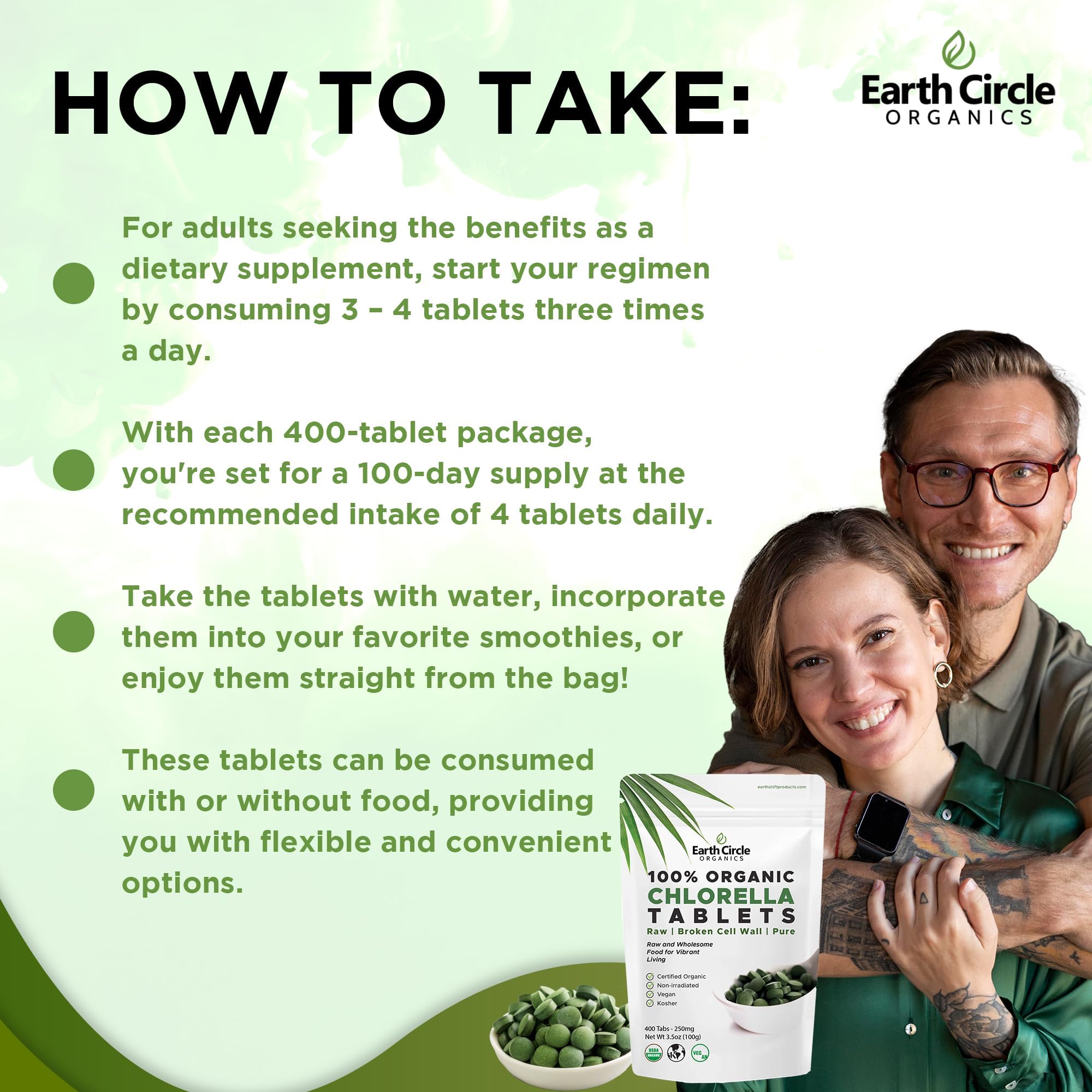 Earth Circle Organics Chlorella Tablets 250mg in a glass of water