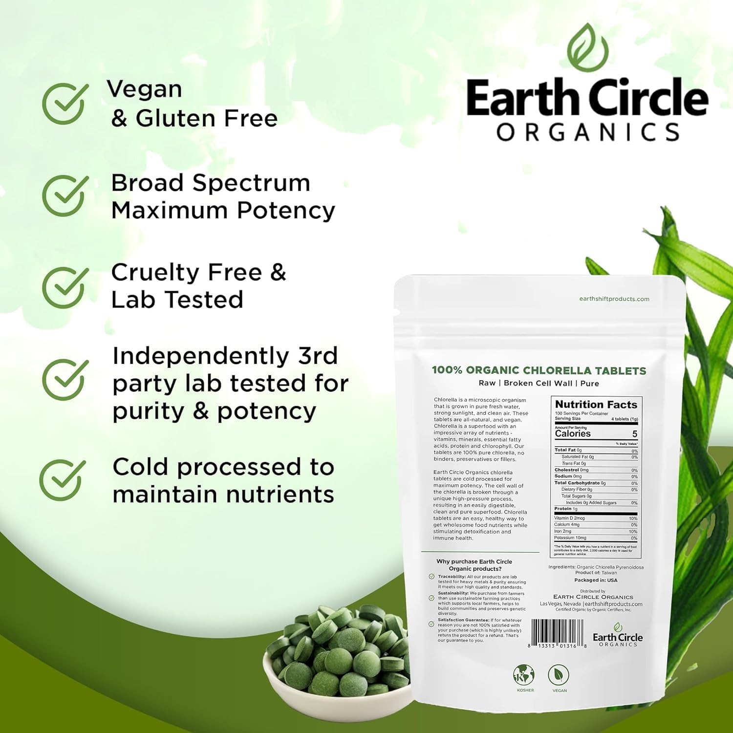 Earth Circle Organics Chlorella Tablets 250mg on wooden table