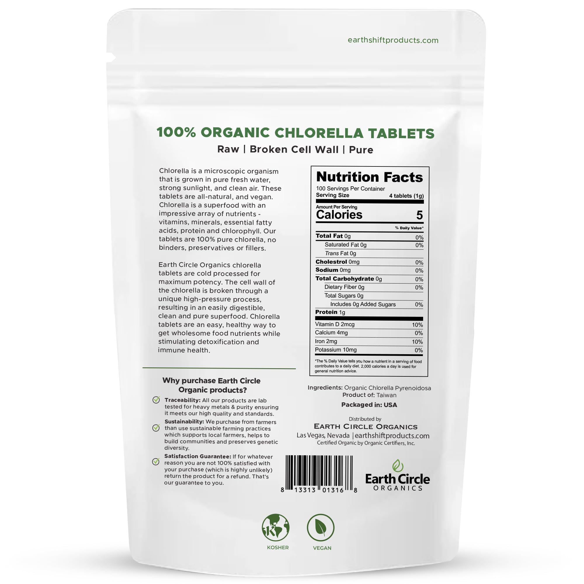Earth Circle Organics Chlorella Tablets 250mg packaging