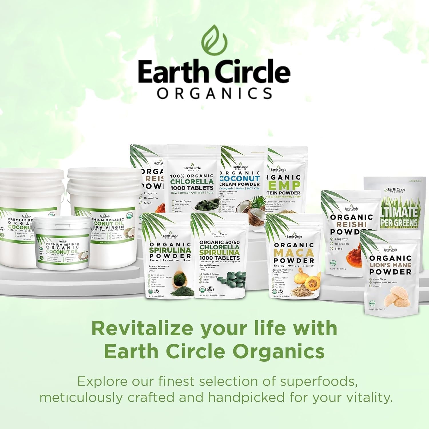Earth Circle Organics Chlorella Tablets 250mg with greenery background