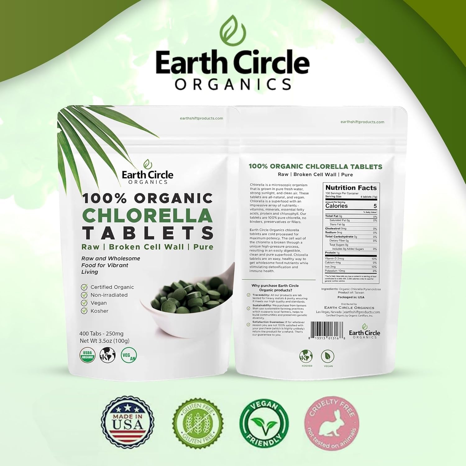 Earth Circle Organics Chlorella Tablets 250mg with measuring spoon