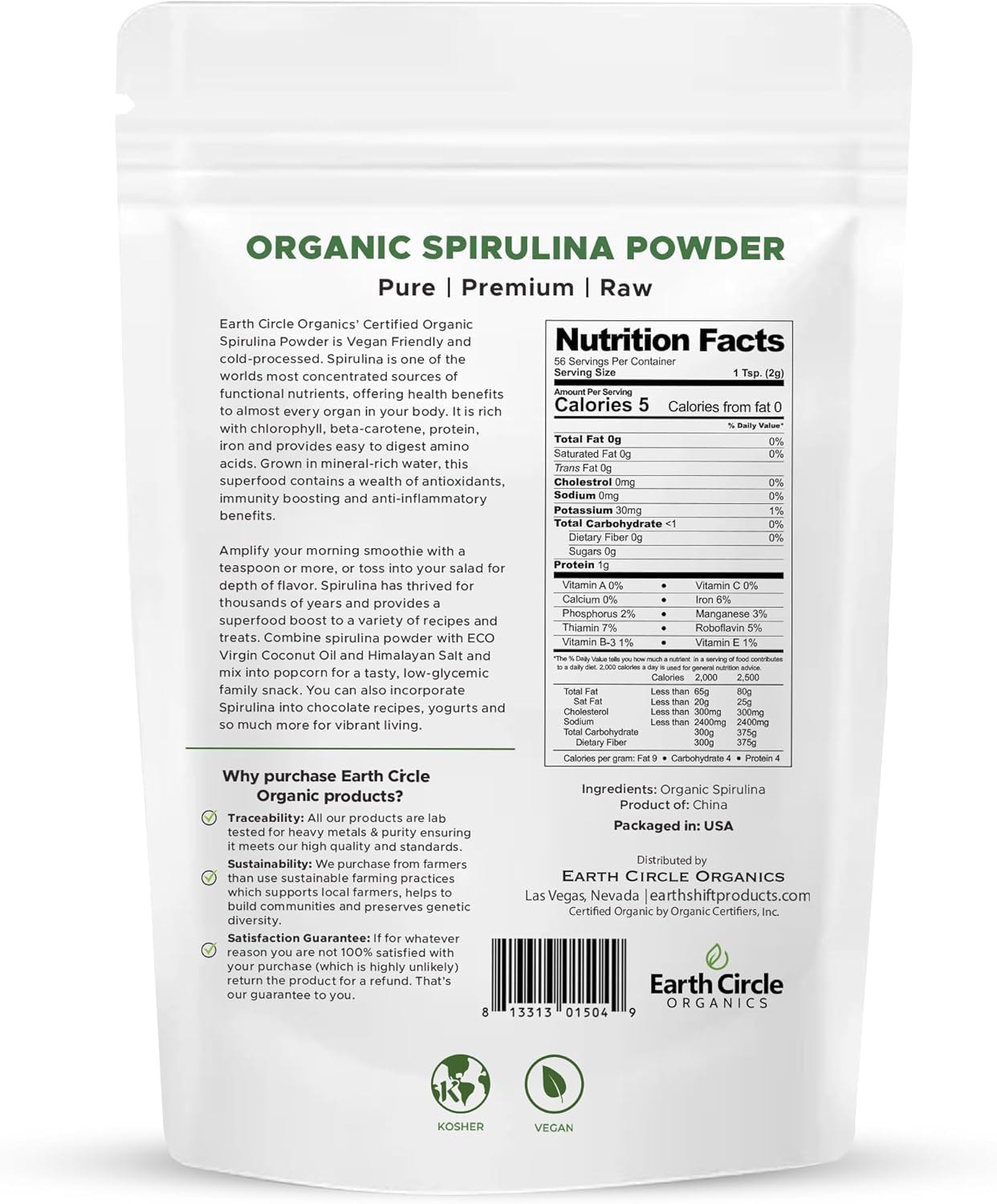 Earth Circle Organics Spirulina Powder 113g back view