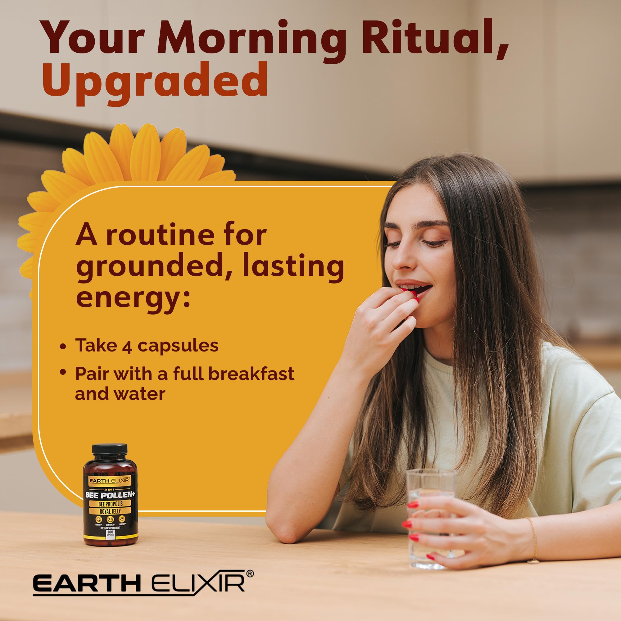 Earth Elixir Royal Jelly 3-in-1 Bee Pollen Supplement capsules close-up