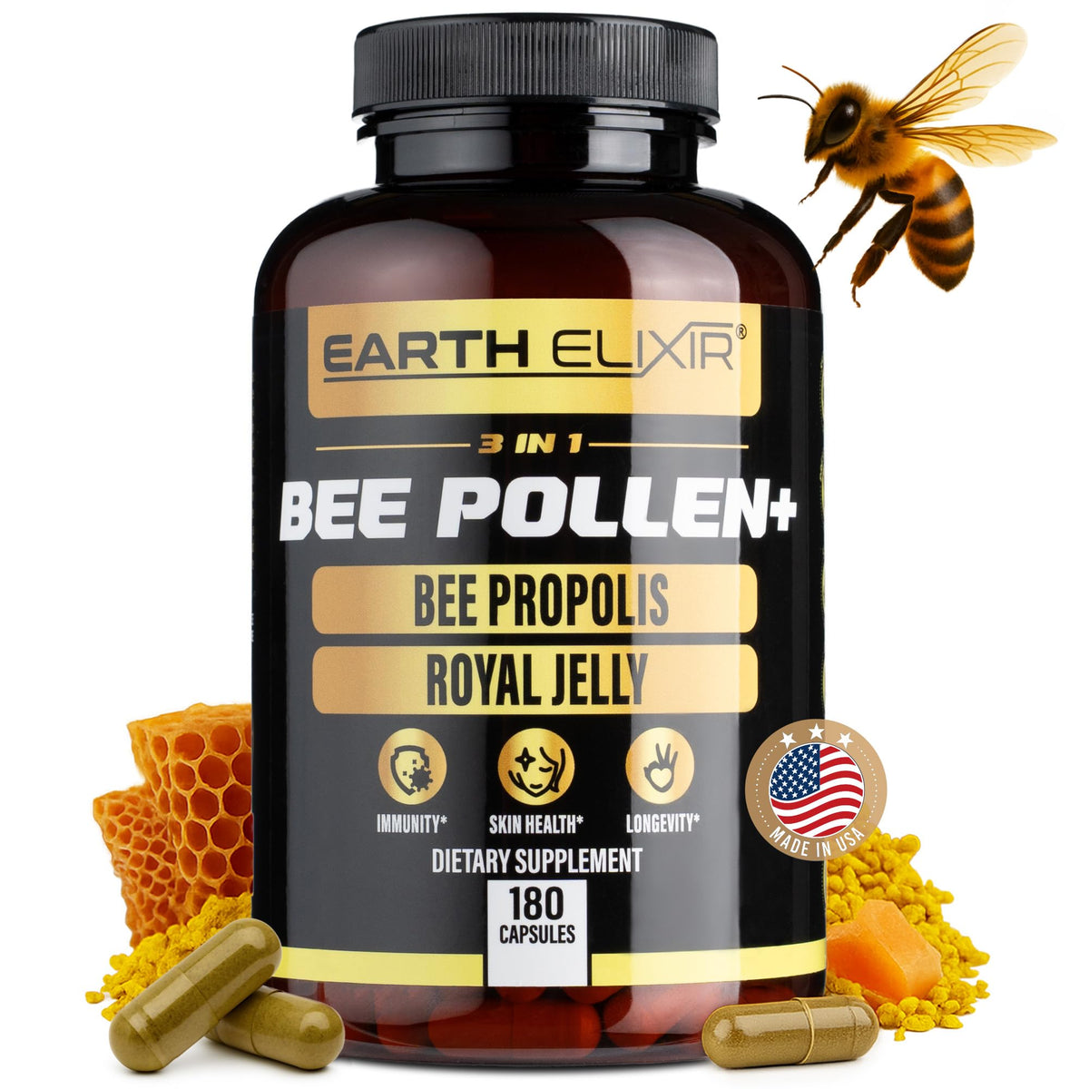 Earth Elixir Royal Jelly 3-in-1 Bee Pollen Supplement front view