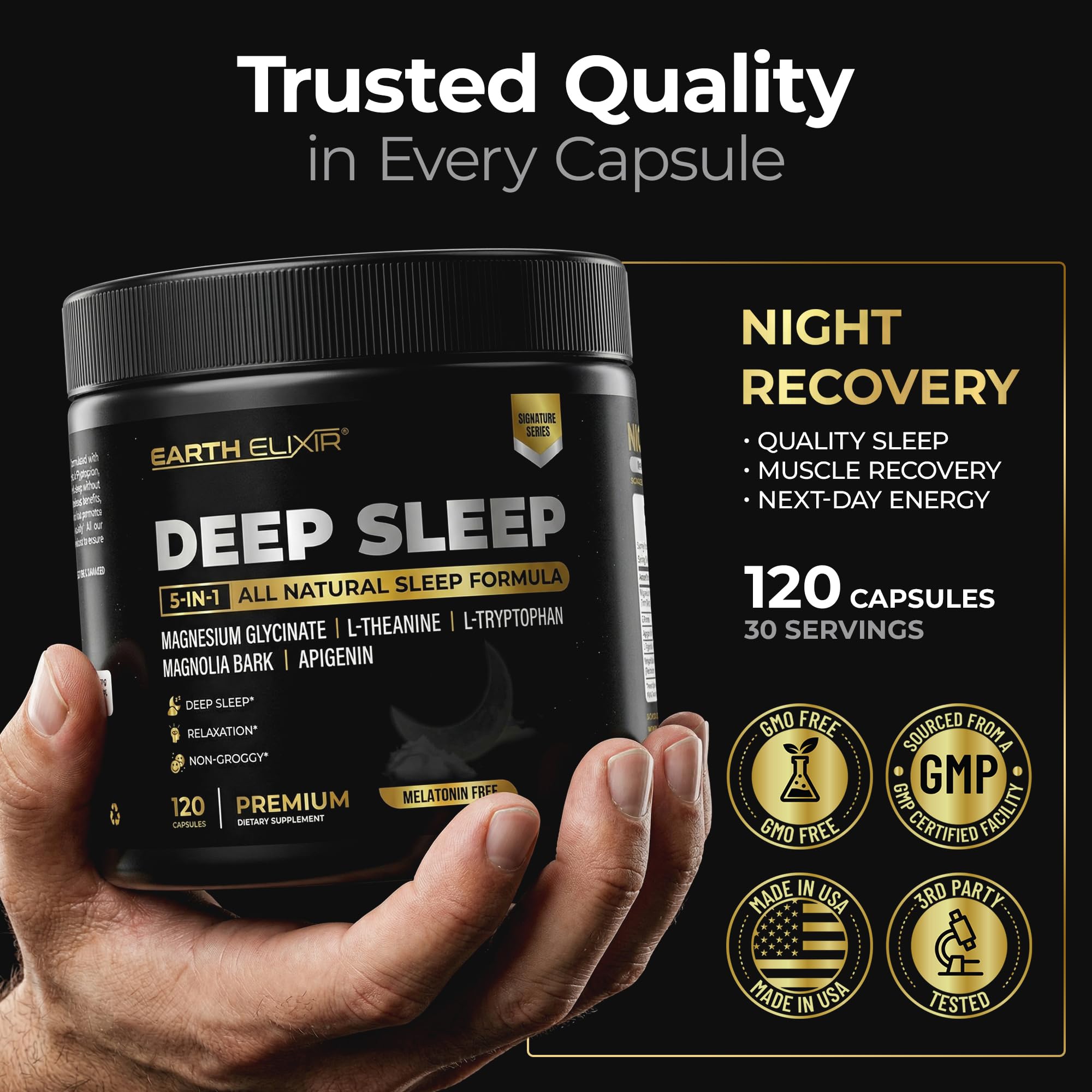 Earth Elixir Sleep Aid supplement bottle with ingredients listed