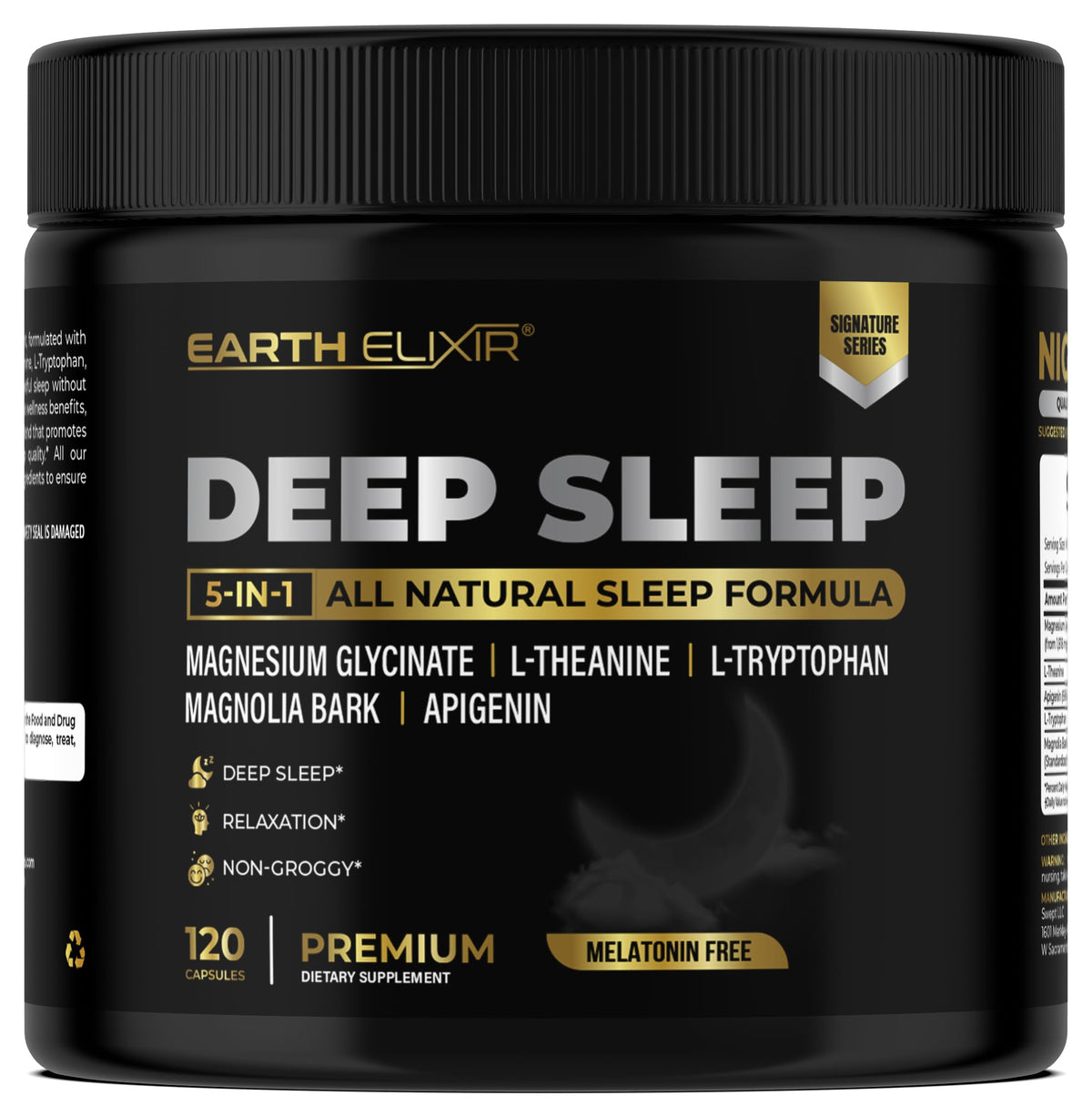 Earth Elixir Sleep Aid supplement front view with capsule bottle