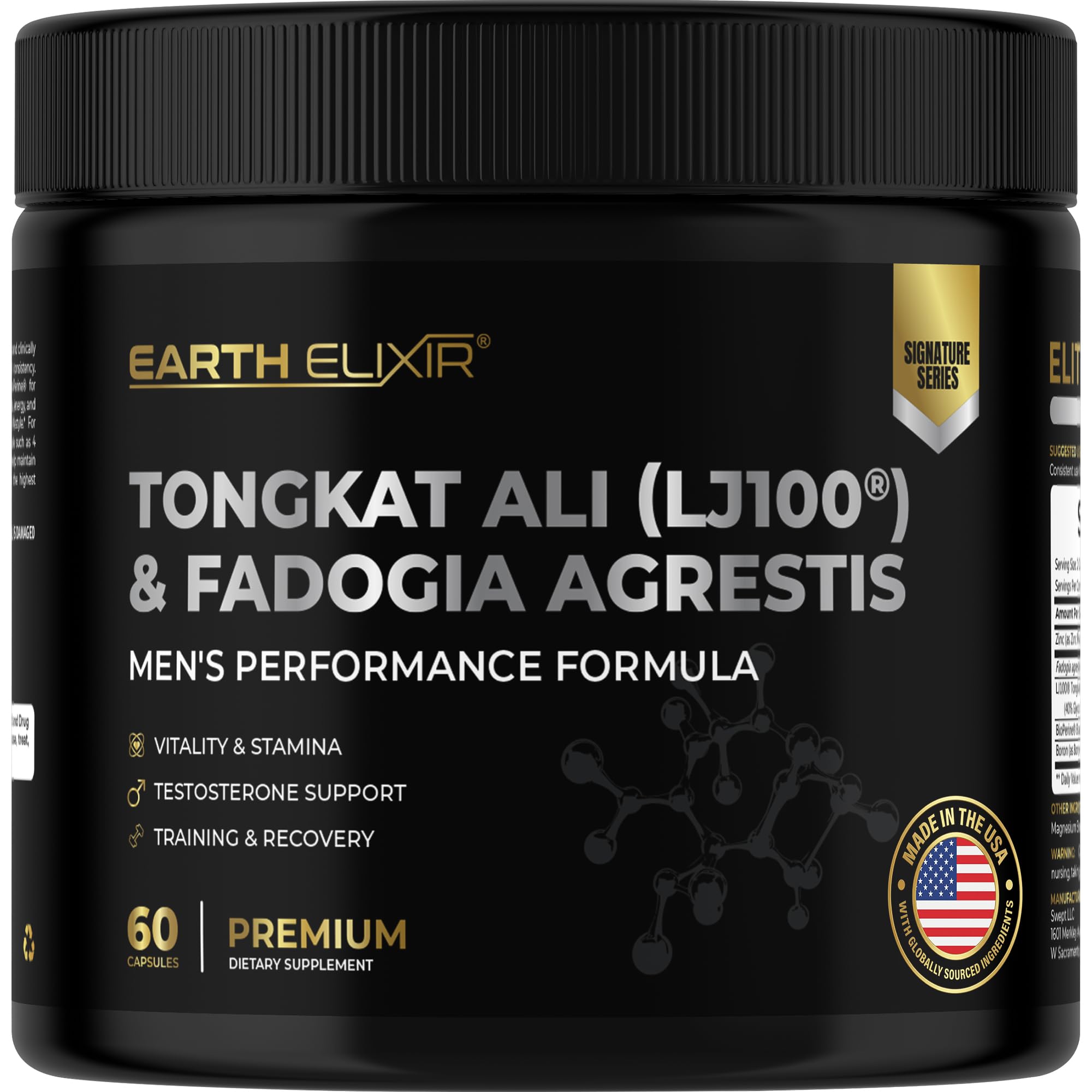 Earth Elixir Testosterone Support Supplement front view with capsules